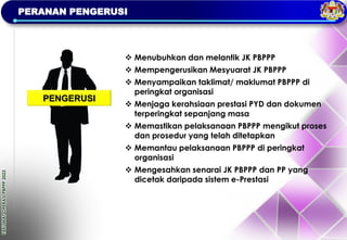 TAKLIMAT
OPERASI
PBPPP
2023
PERANAN PENGERUSI
❖ Menubuhkan dan melantik JK PBPPP
❖ Mempengerusikan Mesyuarat JK PBPPP
❖ Menyampaikan taklimat/ maklumat PBPPP di
peringkat organisasi
❖ Menjaga kerahsiaan prestasi PYD dan dokumen
terperingkat sepanjang masa
❖ Memastikan pelaksanaan PBPPP mengikut proses
dan prosedur yang telah ditetapkan
❖ Memantau pelaksanaan PBPPP di peringkat
organisasi
❖ Mengesahkan senarai JK PBPPP dan PP yang
dicetak daripada sistem e-Prestasi
PENGERUSI
 