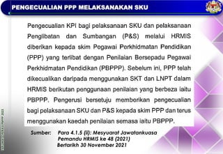 TAKLIMAT
OPERASI
PBPPP
2023
PENGECUALIAN PPP MELAKSANAKAN SKU
Sumber: Para 4.1.5 (ii): Mesyuarat Jawatankuasa
Pemandu HRMIS ke 48 (2021)
Bertarikh 30 November 2021
 