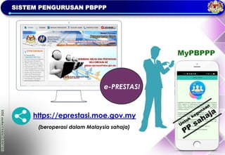 TAKLIMAT
OPERASI
PBPPP
2023
SISTEM PENGURUSAN PBPPP
e-PRESTASI
https://eprestasi.moe.gov.my
MyPBPPP
(beroperasi dalam Malaysia sahaja)
 