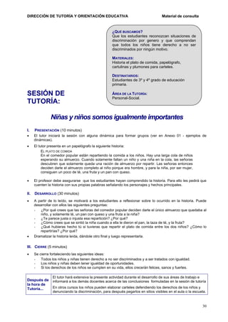DIRECCIÓN DE TUTORÍA Y ORIENTACIÓN EDUCATIVA

Material de consulta

¿QUÉ BUSCAMOS?
Que los estudiantes reconozcan situaciones de
discriminación por genero y que comprendan
que todos los niños tiene derecho a no ser
discriminados por ningún motivo.
MATERIALES:
Historia el plato de comida, papelógrafo,
cartulinas y plumones para carteles.
DESTINATARIOS:
Estudiantes de 3º y 4º grado de educación
primaria.

SESIÓN DE
TUTORÍA:

ÁREA DE LA TUTORÍA:
Personal-Social.

Niñas y niños somos igualmente importantes
I.

PRESENTACIÓN (10 minutos)

•

El tutor iniciará la sesión con alguna dinámica para formar grupos (ver en Anexo 01 - ejemplos de
dinámicas).

•

El tutor presenta en un papelógrafo la siguiente historia:
EL PLATO DE COMIDA
En el comedor popular están repartiendo la comida a los niños. Hay una larga cola de niños
esperando su almuerzo. Cuando solamente faltan un niño y una niña en la cola, las señoras
descubren que solamente queda una ración de almuerzo por repartir. Las señoras entonces
deciden darle el almuerzo completo al niño porque era hombre, y para la niña, por ser mujer,
consiguen un poco de té, una fruta y un pan con queso.

•

El profesor debe asegurarse que los estudiantes hayan comprendido la historia. Para ello les pedirá que
cuenten la historia con sus propias palabras señalando los personajes y hechos principales.

II.

DESARROLLO (30 minutos)

•

A partir de lo leído, se motivará a los estudiantes a reflexionar sobre lo ocurrido en la historia. Puede
desarrollar con ellos las siguientes preguntas:
¿Por qué crees que las señoras del comedor popular deciden darle el único almuerzo que quedaba al
niño, y solamente té, un pan con queso y una fruta a la niña?
¿Te parece justa o injusta esa repartición? ¿Por qué?
¿Cómo crees que se sintió la niña cuando a ella le dieron el pan, la taza de té, y la fruta?
¿Qué hubieras hecho tú si tuvieras que repartir el plato de comida entre los dos niños? ¿Cómo lo
repartirías? ¿Por qué?
Dramatizar la historia leída, dándole otro final y luego representarla.

•

III. CIERRE (5 minutos)
•

Se cierra fortaleciendo las siguientes ideas:
Todos los niños y niñas tienen derecho a no ser discriminados y a ser tratados con igualdad.
Los niños y niñas deben tener igualdad de oportunidades.
Si los derechos de los niños se cumplen en su vida, ellos crecerán felices, sanos y fuertes.

Después de
la hora de
Tutoría...

El tutor hará extensiva la presente actividad durante el desarrollo de sus áreas de trabajo e
informará a los demás docentes acerca de las conclusiones formuladas en la sesión de tutoría
En otros cursos los niños pueden elaborar carteles defendiendo los derechos de los niños y
denunciando la discriminación, para después pegarlos en sitios visibles en el aula o la escuela.

30

 