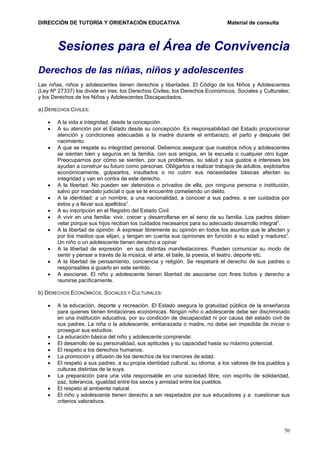 DIRECCIÓN DE TUTORÍA Y ORIENTACIÓN EDUCATIVA

Material de consulta

Sesiones para el Área de Convivencia
Derechos de las niñas, niños y adolescentes
Las niñas, niños y adolescentes tienen derechos y libertades. El Código de los Niños y Adolescentes
(Ley Nº 27337) los divide en tres: los Derechos Civiles; los Derechos Económicos, Sociales y Culturales;
y los Derechos de los Niños y Adolescentes Discapacitados.
a) DERECHOS CIVILES:
•
•
•

•
•
•
•
•
•
•
•

A la vida e integridad, desde la concepción.
A su atención por el Estado desde su concepción. Es responsabilidad del Estado proporcionar
atención y condiciones adecuadas a la madre durante el embarazo, el parto y después del
nacimiento.
A que se respete su integridad personal. Debemos asegurar que nuestros niños y adolescentes
se sientan bien y seguros en la familia, con sus amigos, en la escuela o cualquier otro lugar.
Preocuparnos por cómo se sienten, por sus problemas, su salud y sus gustos e intereses los
ayudan a construir su futuro como personas. Obligarlos a realizar trabajos de adultos, explotarlos
económicamente, golpearlos, insultarlos o no cubrir sus necesidades básicas afectan su
integridad y van en contra de este derecho.
A la libertad. No pueden ser detenidos o privados de ella, por ninguna persona o institución,
salvo por mandato judicial o que se le encuentre cometiendo un delito.
A la identidad: a un nombre, a una nacionalidad, a conocer a sus padres, a ser cuidados por
éstos y a llevar sus apellidos”.
A su inscripción en el Registro del Estado Civil
A vivir en una familia: vivir, crecer y desarrollarse en el seno de su familia. Los padres deben
velar porque sus hijos reciban los cuidados necesarios para su adecuado desarrollo integral”.
A la libertad de opinión: A expresar libremente su opinión en todos los asuntos que le afecten y
por los medios que elijan, y tengan en cuenta sus opiniones en función a su edad y madurez”.
Un niño o un adolescente tienen derecho a opinar
A la libertad de expresión en sus distintas manifestaciones. Pueden comunicar su modo de
sentir y pensar a través de la música, el arte, el baile, la poesía, el teatro, deporte etc.
A la libertad de pensamiento, conciencia y religión. Se respetará el derecho de sus padres o
responsables a guiarlo en este sentido.
A asociarse. El niño y adolescente tienen libertad de asociarse con fines lícitos y derecho a
reunirse pacíficamente.

b) DERECHOS ECONÓMICOS, SOCIALES Y CULTURALES:
•

•
•
•
•
•
•
•
•

A la educación, deporte y recreación. El Estado asegura la gratuidad pública de la enseñanza
para quienes tienen limitaciones económicas. Ningún niño o adolescente debe ser discriminado
en una institución educativa, por su condición de discapacidad ni por causa del estado civil de
sus padres. La niña o la adolescente, embarazada o madre, no debe ser impedida de iniciar o
proseguir sus estudios.
La educación básica del niño y adolescente comprende:
El desarrollo de su personalidad, sus aptitudes y su capacidad hasta su máximo potencial.
El respeto a los derechos humanos.
La promoción y difusión de los derechos de los menores de edad.
El respeto a sus padres, a su propia identidad cultural, su idioma, a los valores de los pueblos y
culturas distintas de la suya.
La preparación para una vida responsable en una sociedad libre, con espíritu de solidaridad,
paz, tolerancia, igualdad entre los sexos y amistad entre los pueblos.
El respeto al ambiente natural.
El niño y adolescente tienen derecho a ser respetados por sus educadores y a cuestionar sus
criterios valorativos.

50

 