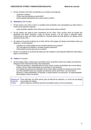DIRECCIÓN DE TUTORÍA Y ORIENTACIÓN EDUCATIVA
•

Material de consulta

El tutor muestra a los niños una plantita en su maceta y les pregunta:
-

¿Está bien cuidada?
¿Creen que esta plantita se siente feliz?
¿Qué necesita está plantita para crecer fuerte y bonita?

II.

DESARROLLO (25 minutos)

•

El tutor anima a los niños a hacer un paralelo entre la plantita y las necesidades que ellos tienen a
través de las siguiente pregunta:
-

¿Qué necesitan ustedes cómo niños para crecer fuertes sanos y felices?

•

Se les explica que dada la gran importancia de los niños, hace muchos años los países han
declarado que tienen derechos. Luego se forman grupos y se les anima a descubrir éstos.
Previamente se tiene que haber escondido en diversas partes del aula gráficos con dibujos de los
derechos de los niños.

•

Se coloca en la pizarra el dibujo de un árbol, allí los niños pegan los dibujos encontrados sobre sus
derechos y, se les pregunta:
-

•

¿Quiénes son responsables de que nuestros derechos se cumplan?
¿En qué lugares se respetan y cumplen nuestros derechos?
¿Qué podemos hacer para que se cumplan?

El tutor va anotando en la pizarra las ideas que van surgiendo, para después reflexionar sobre ellas y
llegar a conclusiones.

III. CIERRE (15 minutos)
•

Se les entrega hojas y colores para que dibujen cómo se sienten cuando se cumplen sus derechos.
Después el tutor reforzará las ideas más importantes:
- Todos las personas, y especialmente los niños, tienen muchas necesidades para crecer felices
fuertes y sanos. Estas necesidades se convierten en sus derechos.
- Los adultos que permanecen alrededor de los niños, deben respetar los derechos de los niños.
- Los niños también tienen que respetar los derechos de los otros niños. Los niños tienen
derechos y responsabilidades; por ejemplo, si tengo derecho a la educación, su responsabilidad
será estudiar y hacer sus tareas.

Después de
la hora de
Tutoría...

Para está fase, los niños arman junto al árbol de los derechos, un mural con los dibujos
que acaban de realizar.
Dicho trabajo en exhibición permitirá recordarles cada uno de sus derechos.

52

 