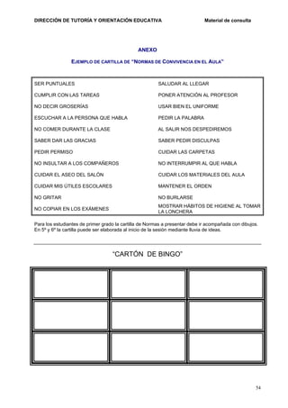 DIRECCIÓN DE TUTORÍA Y ORIENTACIÓN EDUCATIVA

Material de consulta

ANEXO
EJEMPLO DE CARTILLA DE “NORMAS DE CONVIVENCIA EN EL AULA”

SER PUNTUALES

SALUDAR AL LLEGAR

CUMPLIR CON LAS TAREAS

PONER ATENCIÓN AL PROFESOR

NO DECIR GROSERÍAS

USAR BIEN EL UNIFORME

ESCUCHAR A LA PERSONA QUE HABLA

PEDIR LA PALABRA

NO COMER DURANTE LA CLASE

AL SALIR NOS DESPEDIREMOS

SABER DAR LAS GRACIAS

SABER PEDIR DISCULPAS

PEDIR PERMISO

CUIDAR LAS CARPETAS

NO INSULTAR A LOS COMPAÑEROS

NO INTERRUMPIR AL QUE HABLA

CUIDAR EL ASEO DEL SALÓN

CUIDAR LOS MATERIALES DEL AULA

CUIDAR MIS ÚTILES ESCOLARES

MANTENER EL ORDEN

NO GRITAR

NO BURLARSE

NO COPIAR EN LOS EXÁMENES

MOSTRAR HÁBITOS DE HIGIENE AL TOMAR
LA LONCHERA

Para los estudiantes de primer grado la cartilla de Normas a presentar debe ir acompañada con dibujos.
En 5º y 6º la cartilla puede ser elaborada al inicio de la sesión mediante lluvia de ideas.

“CARTÓN DE BINGO”

54

 