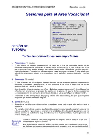 DIRECCIÓN DE TUTORÍA Y ORIENTACIÓN EDUCATIVA

Material de consulta

Sesiones para el Área Vocacional
¿QUÉ BUSCAMOS?
Que los niños identifiquen algunas
ocupaciones y se interesen por las
actividades que se realizan en ellas.
MATERIALES:
Revistas, periódicos, hojas de papel, colores

DESTINATARIOS:
Estudiantes de 1º, 2º y 3º grado de
educación primaria.

SESIÓN DE
TUTORÍA:

ÁREA DE TUTORÍA:
Vocacional

Todas las ocupaciones son importantes
I.
•

PRESENTACIÓN (10 minutos)
El tutor realiza un pequeña representación de títeres en la que los personajes hablan de las
diferentes actividades que realizan en su trabajo diario. A continuación, el tutor explica a los niños
que una ocupación es aquella actividad que realizan las personas, “al igual que los niños estudian,
los adultos trabajan...” por ejemplo: ella es profesora y va a la escuela a enseñar. El tutor señala que
además de ser profesora existen otras ocupaciones como: agricultor, abogado, pescador y muchas
más.

II.

DESARROLLO (30 minutos)

•

El tutor muestra a los niños algunas figuras o fotos en las que aparecen personas representando
diferentes ocupaciones. Seguidamente, el tutor pregunta a los niños si saben qué hacen las
personas, qué son y a qué se dedican.

•

A continuación, el tutor pregunta a los niños: ¿Qué otras ocupaciones conocen?. A medida que los
niños las van enumerando el profesor las escribe en la pizarra. Si alguna de las ocupaciones
nombradas coincide con las figuras presentadas al inicio, el tutor pega la figura al lado del nombre.

•

Finalmente, el tutor entrega hojas de papel y colores a los estudiantes y, les pide que dibujen la
ocupación que más les interese o les guste.

III. CIERRE (5 minutos)
• Se explica a los niños que existen muchas ocupaciones y que cada una de ellas es importante y
necesaria.
•

Por ejemplo: si no hubiera personas que hacen labores de limpieza, las calles estarían sucias; si no
hubiera agricultores y ganaderos, no tendríamos la variedad de alimentos con la que contamos; si no
hubiera policías, la ciudad sería muy desordenada; si no hubiera médicos, muchas personas no
podrían curarse, etc.

Después de
la hora de
Tutoría...

Durante la semana el tutor puede programar una pequeña obra de teatro en la que cada
niño represente alguna ocupación.
Nota: en la clase de educación artística los niños pueden elaborar algunos instrumentos
que distingan las ocupaciones que posteriormente se usarán en la representación teatral.

55

 