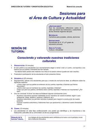 DIRECCIÓN DE TUTORÍA Y ORIENTACIÓN EDUCATIVA

Material de consulta

Sesiones para
el Área de Cultura y Actualidad
¿QUÉ BUSCAMOS?
Que los estudiantes reflexionen sobre el
valor que tienen las tradiciones y costumbres
de las diversas regiones del país.
MATERIALES:
Cartulinas para postales, colores, plumones.
DESTINATARIOS:
Estudiantes de 4º, 5º y 6º grado de
educación primaria.

SESIÓN DE
TUTORÍA:

ÁREA DE TUTORÍA:
Cultura y Actualidad

Conociendo y valorando nuestras tradiciones
culturales
I.

PRESENTACIÓN (10 minutos)

•

El tutor pedirá a sus estudiantes que voluntariamente salgan a narrar o leer un cuento, una leyenda o una
historia que sus padres o familiares les han narrado.
* Se deberá haber pedido este material a los niños en la sesión anterior (puede ser oral o escrito).

•

Finalizada la participación de los estudiantes el tutor presenta el tema.

II.

DESARROLLO (25 minutos)

•

Seguidamente, solicita a los estudiantes para que, a través de una lluvia de ideas, se reflexione sobre los
siguientes aspectos:
¿Cómo creen que sus padres se enteraron de los cuentos, leyendas o historias que hemos
escuchado?
¿Cómo creen que se inventaron los cuentos, leyendas o historias?
Creen que para sus padres y familiares estos cuentos, leyendas o historias son importantes? ¿Por
qué?
Una vez concluida “la lluvia” de ideas se fortalecen algunas conclusiones como:
Nuestras costumbres expresan habilidades de los miembros de nuestra localidad, región o país
(artesanías, bailes, textilería, cerámica, orfebrería, etc.).
Nuestras costumbres nos permiten recordar el pasado para mejorar la construcción de nuestro
presente.
Conocer nuestras costumbres y tradiciones hace que apreciemos y valoremos nuestra diversidad
cultural.

•

III. CIERRE (10 minutos)
• Los estudiantes en esta fase confeccionarán una postal que identifique y de importancia a las
tradiciones culturales de su comunidad o la de sus progenitores.
Después de la
hora de Tutoría...

Los trabajos de los estudiantes serán exhibidos en el aula o en el periódico mural
de la Institución Educativa.

57

 