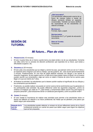 DIRECCIÓN DE TUTORÍA Y ORIENTACIÓN EDUCATIVA

Material de consulta

¿QUÉ BUSCAMOS?
Los estudiantes reflexionarán acerca de su
futuro de manera lúdica a través de
dibujos, poniendo énfasis en aspectos
vocacionales. También se busca clarificar
las expectativas de los estudiantes en
relación al trabajo.
MATERIALES:
Formato, lápiz y papel.
DESTINATARIOS:
Estudiantes de 3º y 4º grado de educación
secundaria.

SESIÓN DE
TUTORÍA:

ÁREA DE TUTORÍA:
Vocacional

Mi futuro... Plan de vida
I.
•

PRESENTACIÓN (10 minutos)
El tutor muestra fotos de sí mismo cuando tenía una edad similar a la de sus estudiantes. Comenta
con ellos cómo fue su proceso de elección profesional, qué esperaba de su futuro, qué dudas y
dificultades surgieron, etc.

II. DESARROLLO (30 minutos)
• El tutor pide a los estudiantes que se relajen y cierren los ojos, que piensen cómo se ven en 7 años y
en especial cómo imaginan que será su trabajo, qué les gustaría, etc.; esto durará aproximadamente
3 minutos. Posteriormente, en una hoja de papel deberán expresar con dibujos y por escrito la
situación imaginaria. Se les sugiere que en un lado de la hoja pueden hacer el dibujo y en el reverso
pueden escribir sus comentarios o algo así como un relato o historia de cómo fue su camino para
llegar a lo que son dentro de 7 años.
•

Al finalizar la actividad, los estudiantes que lo deseen podrán explicar el significado de sus dibujos y
los comentarios que escribieron.

•

Finalmente, es posible realizar una puesta en común acerca de los sentimientos que ha generado en
los participantes esta actividad. Se puede reflexionar sobre las siguientes preguntas: ¿Cómo se
sintieron al imaginar sus vidas en 7? ¿Qué tareas y compromisos deben asumir hoy para lograr su
proyecto personal? ¿Qué situaciones serían un obstáculo para lograrlo y cómo se podrían evitar?

III. CIERRE (5 minutos)
• El tutor resalta la importancia de realizar esta actividad pues permite a los estudiantes darse un
tiempo de reflexión en relación a su futuro profesional, las metas que se plantean y los pasos que
deben seguir para alcanzarlas.
Después de la
hora de
Tutoría...

Los estudiantes pueden elaborar un ensayo en el que reflexionen acerca de su futuro
profesional tomando en cuenta los pasos que deben seguir para lograr los objetivos
que se han propuesto.

76

 