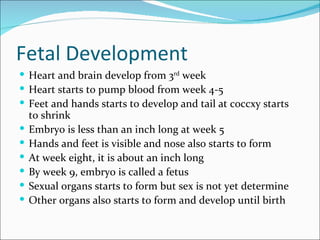 Fetal Development
 Heart and brain develop from 3rd week
 Heart starts to pump blood from week 4-5
 Feet and hands starts to develop and tail at coccxy starts
    to shrink
   Embryo is less than an inch long at week 5
   Hands and feet is visible and nose also starts to form
   At week eight, it is about an inch long
   By week 9, embryo is called a fetus
   Sexual organs starts to form but sex is not yet determine
   Other organs also starts to form and develop until birth
 