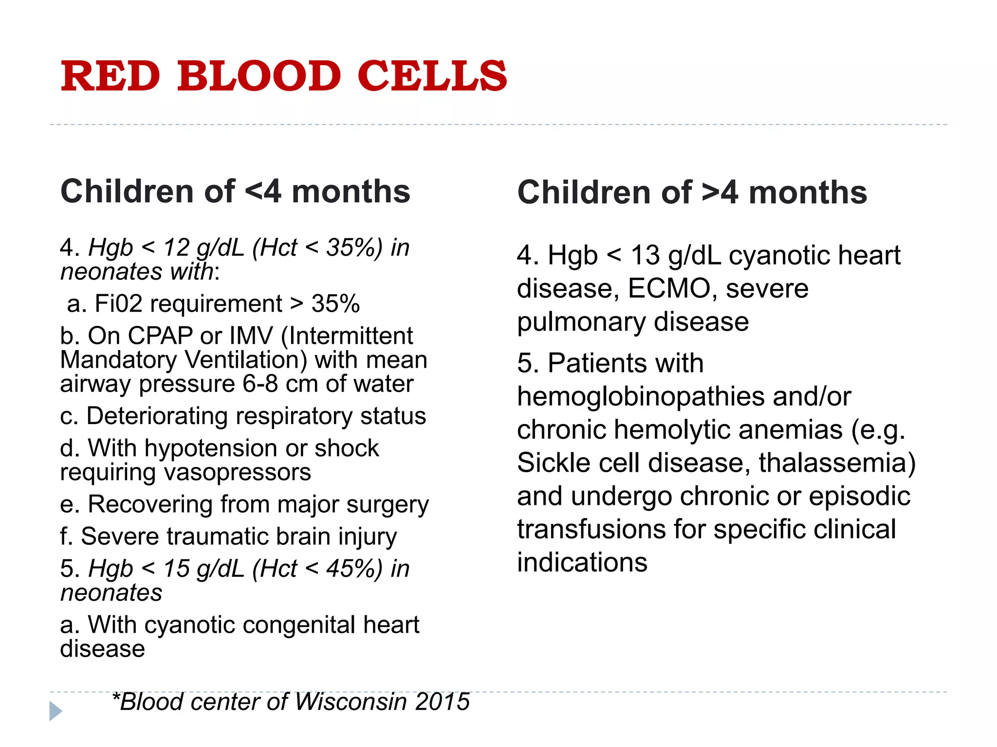 RED BLOOD CELLS
Children of <4 months
4. Hgb < 12 g/dL (Hct < 35%) in
neonates with:
a. Fi02 requirement > 35%
b. On CPAP or IMV (Intermittent
Mandatory Ventilation) with mean
airway pressure 6-8 cm of water
c. Deteriorating respiratory status
d. With hypotension or shock
requiring vasopressors
e. Recovering from major surgery
f. Severe traumatic brain injury
5. Hgb < 15 g/dL (Hct < 45%) in
neonates
a. With cyanotic congenital heart
disease
Children of >4 months
4. Hgb < 13 g/dL cyanotic heart
disease, ECMO, severe
pulmonary disease
5. Patients with
hemoglobinopathies and/or
chronic hemolytic anemias (e.g.
Sickle cell disease, thalassemia)
and undergo chronic or episodic
transfusions for specific clinical
indications
*Blood center of Wisconsin 2015
 