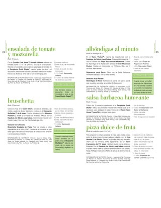 SIMPLEYGOURMET




                                                                                                                                                                                                                                      SIMPLEYGOURMET
24
                      ensalada de tomate                                                                                     albóndigas al minuto                                                                                                      25
                      y mozzarella                                                                                           Rinde 24 albóndigas de 1"

                                                                                                                             En el Tazón Thatsa™, mezcla los ingredientes con la                     1 libra de carne molida extra
                      Rinde 12 tajadas                                                                                       Espátula, de Silicón, para Salsas. Prepara albóndigas de 1"               magra
                                                                                                                             con la Cuchara del Juego de Cucharas Medidoras. Coloca                  4 cditas. de la Sopa de
                      Con el Cuchillo Chef Series™ Serrado Utilitario, rebana los            3 tomates maduros
                                                                                                                             las albóndigas en la Rejilla sobre la Base del Oval Microwave             Papas con Puerros
                      tomates aprox. a 1/4" de grosor y coloca en una bandeja.               2 bolas (4 oz.) de mozzarella
                                                                                               fresca                        Cooker. Cocina al microondas, en Potencia Alta, por 4                   1 cdita. Sazonador Cajun
                      Rebana la mozzarella y coloca sobre cada tajada de tomate. En
                                                                                             1/3 taza de aceite de oliva     minutos; deja reposar.                                                  1/4 taza de pan rallado
                      el Recipiente Quick Shake®, mezcla aceite de oliva y el
                                                                                               extravirgen                                                                                             sazonado
                      Sazonador, vierte sobre el queso y tomates. Adorna con hojitas                                         Sugerencia para Servir: Sirve con la Salsa Barbacoa
                      frescas de albahaca. Sirve solo o con Crostini (pág. 23).              1–11/2 Cdas. Sazonador
                                                                                                                             Humeante (abajo) o con tu salsa favorita.
                                                                                               Italiano                                                                                              idea para servir
                      INFORMACIÓN DE NUTRICIÓN: Porción: 1 rebanada (72g), Porciones         2-3 Cdas. de hojitas frescas
                                                                                                                             Variación de la Receta:
                      por Receta: 12, Calorías 120, Calorías de Grasa 27, Total Graso 3g,      de albahaca (opcional)
                      Grasa Saturada 3g, Colesterol 10mg, Sodio 240mg, Total Carbohidratos                                   Albóndigas de Pavo Reemplaza la carne con pavo; puede                     Cuando sirvas un buffet,
                      3g, Fibra 1g, Azúcar 1g, Proteína 5g                                                                   que necesites aumentar la cantidad de Sazonador.                          acomoda las Albóndigas
                                                                                             idea para servir                                                                                          en una bandeja e inserta
                                                                                                                             INFORMACIÓN DE NUTRICIÓN: Porción: 6 albóndigas (117g),
                                                                                                                             Prociones por Receta: 24 , Calorías 220, Calorías de Grasa 67, Total      un colorido mondadientes
                                                                                               Usa tomates cerezos y         Graso 7g, Grasa Saturada 3g, Colesterol 80mg, Sodio 425mg, Total          de fiesta en cada una para
                                                                                               pequeñas     bolas    de      Carbohidratos 7g, Fibra 0g, Azúcar 1g, Proteína 29g
                                                                                                                                                                                                       que sean fáciles de servir.
                                                                                               mozzarella y sirve en las
                                                                                               Copas Sheerly Elegant™.
                                                                                                                             salsa barbacoa humeante
                      bruschetta
                      Rinde 12 porciones
                                                                                                                             Rinde 11/4 tazas

                                                                                                                             Coloca los 3 primeros ingredientes en el Recipiente Quick               1 tza de ketchup
                                                                                                                             Shake®, sella y sacude hasta mezclar bien. Añade agua, si es            2 Cdas. del Sazonador con
                      Coloca la hoja en el Quick Chef y procesa la albahaca, ajo             1 libra de tomates cerezos,
                                                                                                                             necesario, para adelgazar la salsa. Coloca en el Tazón Open               Sabor a Barbacoa
                      molido, aceite de oliva y Sazonador; coloca en el Recipiente             por la mitad, sin semillas
                                                                                                                             House™ para Dip y refrigera hasta servir.                               2 cditas. de salsa
                      Stuffables™ de 6 tazas. Pica los tomates con La Máquina                3 dientes de ajo, pelados y
                                                                                               molidos                                                                                                 Worcestershire
                      Picadora y añade a la mezcla de albahaca. Mezcla con la                                                INFORMACIÓN DE NUTRICIÓN: Porción: 2 Cdas.(28g), Porciones por
                                                                                             3 Cdas. de albahaca fresca                                                                              1 Cda. de agua (si se requiere)
                      Espátula, de Silicón, para Salsas. Combina de maravilla con                                            Receta: 10, Calorías 30, Calorías de Grasa 2, Total Graso >1g, Grasa
                      Crostini (pág. 23) o con Pan Pita Tostado (pg. 29).                    3 Cdas. de aceite de oliva      Saturada 0g, Colesterol 0mg, Sodio 481mg, Total Carbohidratos 8g,
                                                                                               extravirgen                   Fibra 0g, Azúcar 3g, Proteína 1g

                      Variación de la Receta:                                                11/2 cdita. Sazonador
                      Bruschetta Ensalada de Pasta Pica los tomates y otros
                      ingredientes en el Quick Chef. La mezcla se convierte en una
                      salsa ligera. Revuelve con tres tazas de pasta cocida; sirve frío
                                                                                               Italiano

                                                                                             idea para servir
                                                                                                                             pizza dulce de fruta
                                                                                                                             Rinde 40 cuadrados (apróx. 21/4" x 2")
                      o a temperatura ambiente.
                                                                                                                             Para preparar la corteza, presiona la masa para medias lunas,           2 pqtes.(8 oz.) de medias lu-
                                                                                               Cuando coseches nume-         sobre la lámina para hornear galletas cubierta, con la Hoja               nas crescent, bajas de grasa
                      INFORMACIÓN DE NUTRICIÓN: Porción: Aprox 2 Cdas. (43g),
                                                                                               rosos tomates en tu           Wonder™ de Silicón. Pellizca los bordes para unir. Hornea a             1 pqte.(8 oz.) de queso
                      Porciones por Receta: 12, Calorías 40, Calorías de Grasa 35, Total
                      Graso 4g, Grasa Saturada 1g, Colesterol 0mg, Sodio 55mg, Total           jardín, llena un Recipiente
                                                                                                                             350°F por 12 minutos; enfría ligeramente. En un Tazón                     crema Neufchatel bajo de
                      Carbohidratos 2g, Fibra 1g, Azúcar 1g, Proteína 0g                       Stuffables™, adjunta una
                                                                                                                             Impressions de 51/2 tazas, mezcla el queso crema, azúcar y                grasa, suavizado
                                                                                               copia de la receta de
                                                                                                                             Especias. Con la Espátula, de Silicón, para Salsas, extiende            3 Cdas. de azúcar en polvo
                                                                                               Bruschetta y regálala a tu
                                                                                                                             el queso crema sobre la corteza, termina rociando con pasas y           1 pinta de fresas lavadas, sin
                                                                                               vecino.
                                                                                                                             fresas. Refrigera hasta servir. Retira de la hoja de silicón antes de     tallo y en rebanadas
                                                                                                                             cortar.                                                                 1/2 taza de pasas

                                                                                                                                                                                                     11/2 cdita. Especias de
                                                                                                                             INFORMACIÓN DE NUTRICIÓN: Porción: 1 cuadrado (27g), Porciones            Canela y Vainilla (opcional)
                                                                                                                             por Receta: 40, Calorías 70, Calorías de Grasa 30, Total Graso 3g,
                                                                                                                             Grasa Saturada 1g, Colesterol 5mg, Sodio 115mg, Total Carbohidratos
                                                                                                                             8g, Fibra 0g, Azúcar 4g, Proteína 2g
 