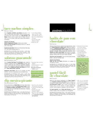 POSTRESEXQUISITOS
     SIMPLEYGOURMET




34
                      taco nachos simples
                      Rinde aprox. 3 docenas                                                                                             postresexquisitos                                                                                                        35
                      Con la Espátula, de Silicón, para Salsas sirve aprox. 1-11/2            1/2 de la Receta Relleno
                      cdita. de frijoles sobre cada hojuela. Coloca las hojuelas sobre          Básico de Res (1 taza),
                      una lámina para hornear, forrada con la Hoja Wonder™ de                   estilo Mexicano (pág. 11)
                      Silicón. Rocía la carne y queso sobre los frijoles. Hornea a            1 lata (16 oz.) frijoles refritos,
                      400°F, por 8-10 minutos, hasta que el queso esté derretido y
                      burbujeante.
                                                                                                sin grasa
                                                                                              1 taza de queso estilo
                                                                                                                                   budín de pan con
                      Variación de la Receta:
                      Nachos Vegetarianos Simples Omite la carne molida.
                                                                                                Mexicano rallado
                                                                                              Hojuelas de maíz                     chocolate
                      Nachos de Pollo Simples Reemplaza la carne con 1 taza de                                                     Rinde 8 porciones
                      pollo cocido rallado.                                                                                        Retira las cortezas del pan y rebana el pan diagonalmente, coloca         8 rebanadas de pan (mejor
                                                                                                                                   en el Molde Redondo de Silicón de 9". Mezcla los huevos y                   si no es pan fresco)
                      Sugerencia para Servir: Adorna con Simplemente Salsa (pág.
                                                                                                                                   crema en el Recipiente Quick Shake®. Vierte la mezcla del huevo           2 tazas de crema batida
                      33) o Dip Picante Sudoeste (pág. 31).                                                                        en la Cacerola Chef Series™ de 21/2 Cuartos, añade el azúcar,             2 huevos grandes
                      INFORMACIÓN DE NUTRICIÓN: Porción de Servir: 1 nacho (23g),                                                  especias y chocolate; calienta a fuego bajo, revolviendo con la
                                                                                                                                                                                                             1 taza de grageas de
                      Porciones por Receta: 36, Calorías 40, Calorías de Grasa 17, Total                                           Espátula, de Silicón, para Salsas hasta derretir el chocolate.
                      Graso 2g, Grasa Saturada 1g, Colesterol 7mg, Sodio 90mg, Total                                                                                                                           chocolate semidulces
                                                                                                                                   Vierte la mezcla del chocolate sobre el pan, dejando que éste lo          1/3 taza de azúcar
                      Carbohidratos 3g, Fibra 1g, Azúcar 0g, Proteína 3g
                                                                                                                                   absorba. Hornea a 350°F por 20-25 minutos; sirve tibio.
                                                                                                                                                                                                             1/2 cdita. Especia de

                                                                                                                                   Opciones para Acompañar: crema de leche batida chantilly,

                      sabroso guacamole
                      Rinde aproximadamente 2 tazas
                                                                                                                                   helado o salsa de chocolate fudge

                                                                                                                                   Variación de la Receta:
                                                                                                                                                                                                               Canela y Vainilla (opcional)


                                                                                                                                                                                                             idea para servir
                                                                                                                                   Budín de Pan con Menta Reemplaza con grageas de
                      Con el Cuchillo Chef Series™ de Precisión, pela y rebana la             2 aguacates Hass maduros,            chocolate con menta.                                                        Humedece los bordes de
                      cebolla en 4 pedazos; coloca en el Quick Chef con la hoja, cubre          pelados                                                                                                        las Copas de Cóctel
                                                                                                                                   INFORMACIÓN DE NUTRICIÓN Porción: Aprox. 1/2 taza (128g),
                      y gira la manija para picar. Añade los ingredientes restantes,          1 cebolla pequeña (1/2 taza)         Porciones por Receta: 8, Calorías 450, Calorías de Grasa 290, Total         Sheerly    Elegant™      y
                      cubre y gira la manija de nuevo hasta obtener la consistencia           Zumo de 1/2 lima                     Grasa 32g, Grasa Saturada 19g, Colesterol 135mg, Sodio 140mg, Total         sumerge en azúcar o
                      deseada. Usa la Espátula, de Silicón, para Salsas para colocar          Sazonador Sensación
                                                                                                                                   Carbohidratos 37g, Fibra 2g, Azúcar 27g, Proteína 7g                        cacao en polvo. Con
                      en el Tazón Open House™ para Dip.                                                                                                                                                        cuidado, sirve el budín en
                                                                                                Latina a gusto
                                                                                                                                                                                                               las copas, adorna con
                      Sugerencia para Servir: Sirve con tus hojuelas de tortilla
                                                                                                                                                                                                               crema batida y salpica
                                                                                              idea para servir
                      favoritas o usa como ingredientes para acompañar tacos.
                      INFORMACIÓN DE NUTRICIÓN: Porción: Aprox. 2 Cdas. (31g),                                                     pastel fácil                                                                unas mini grageas de
                                                                                                                                                                                                               chocolate.
                      Porciones por Receta: 16, Calorías 43, Calorías de Grasa 35, Total
                      Graso 4g, Grasa Saturada 0.5g, Colesterol 0mg, Sodio 35mg, Total
                      Carbohidratos 2g, Fibra 1g, Azúcar 0g, Proteína 1g
                                                                                                Perfecto con helado y
                                                                                                salsa de durazno.                  de chocolate
                                                                                                                                   Rinde 12 porciones

                      dip mexica-picante
                      Rinde aproximadamente 21/4 tazas
                                                                                                                                   Mezcla los tres primeros ingredientes en el Tazón Thatsa™
                                                                                                                                   con la Espátula, de Silicón, para Salsas hasta humedecer. La
                                                                                                                                   consistencia quedará espesa. Estira la masa en la Base del
                                                                                                                                                                                                             1 pqte. (181/4 oz.) de mezcla
                                                                                                                                                                                                               para pastel de chocolate
                                                                                                                                                                                                             1 lata (15 oz.) de calabaza
                                                                                                                                   Oval Microwave Cooker; cubre y cocina al microondas en                    1 cdita. Especia de Canela
                      Pica las alcachofas en el Quick Chef con la hoja. Coloca todos          1 lata (14 oz.) de corazones
                      los ingredientes en la Base del Oval Microwave Cooker; mezcla             de alcachofa, escurridos           Potencia Alta, de 8-10 minutos. El pastel quedará bien                      y Vainilla (opcional)
                      con la Espátula, de Silicón, para Salsas. Cocina al microondas          1/2 taza de crema agria, baja        húmedo. Cubre el pastel con glaseado y sirve de inmediato.                1 tubo (12 oz.) de glaseado
                      3-5 minutos. Sirve con Crostini (pág. 23), tortilla chips, o Tostadas     de grasa                                                                                                       de vainilla (o tu sabor
                                                                                                                                   Un toque especial: Llena el Bolso para Decorar con crema                    favorito) opcional
                      de Pan Pita (pág. 29).                                                  1 taza de queso estilo
                                                                                                mexicano, rallado                  batida no láctea y sirve con el pastel en vez del glaseado.
                      INFORMACIÓN DE NUTRICIÓN: Porción: 1/4 taza (78g), Porciones por        1 lata (10 oz.) de tomates pi-
                      Receta: 9 Calorías 78, Calorías de Grasa 45, Total Graso 5g, Grasa                                           INFORMACIÓN DE NUTRICIÓN: Porción: 1 trozo (108g), Porciones por
                      Saturada 3g, Colesterol 17mg, Sodio 212mg, Total Carbohidratos 5g,        cados con chile, escurridos        Receta: 12, Calorías 324, Calorías de Grasa 110, Total Graso 12g, Grasa
                      Fibra 2g, Azúcar 1g, Proteína 4g                                        1 Cda. Sazonador Chipotle            Saturada 3g, Colesterol 0mg, Sodio 420mg, Total Carbohidratos 54g,
                                                                                                                                   Fibra 2g, Azúcar 41g, Proteína 3g
                                                                                                del Sudoeste
 