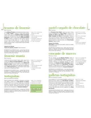 POSTRESEXQUISITOS




                                                                                                                                                                                                                                           POSTRESEXQUISITOS
42
                         tesoros de brownie
                         Rinde 14 porciones
                                                                                                                                   pastel cargado de chocolate
                                                                                                                                   Rinde 12 porciones
                                                                                                                                                                                                                                                               43
                         Con La Máquina Picadora pica finamente las pecanas; reserva.               1 pqte. (21 oz.) mezcla para   En el Recipiente Quick Shake , mezcla los huevos. Coloca
                                                                                                                                                                       ®
                                                                                                                                                                                                             1 pqte.(191/2 oz.) mezcla
                         En el Tazón Thatsa™, combina la mezcla para brownies,                        brownie con fudge            todos los ingredientes en el Tazón Thatsa™ y mezcla con la                  para pastel de chocolate
                         huevos, aceite y agua con la Espátula, de Silicón, para Salsas.            2 huevos                       Espátula, de Silicón, para Salsas. Vierte la mezcla en el                   dark
                         Coloca una Cucharada bien llena (del Juego de Cucharas                     1/2 taza de aceite de canola   Molde Acanalado de Silicón, enmantequillado. Hornea a                     1 pqte. (8 oz.) crema agria
                         Medidoras) de masa en cada cavidad del Molde para Muffins                  1/4 taza de agua               350°F, por 35-40 minutos, o hasta que el palillo salga limpio (el           con poca grasa
                         de Silicón. Presiona un caramelo, en cada cavidad, siguiendo               14 caramelos cubiertos con     pastel estará bien húmedo). Enfría 10–15 minutos en el molde              1/2 taza de compota de

                         con una Cda. de masa. Cubre con 11/2 cdita. de pecanas.                      chocolate, sin envoltura     antes de invertir en un plato para tortas o en el Porta Pasteles            manzana
                         Hornea a 350°F, por 20-22 minutos; la superficie debe estar                31/2 Cdas. de pecanas          Redondo. Glasea el pastel.                                                4 huevos
                         flexible al presionar. Enfría 10 minutos antes de sacar del Molde;                                                                                                                  1 envase (16 oz.) glaseado
                         sirve de inmediato.                                                                                       Variación de la Receta:                                                     de chocolate (opcional)
                                                                                                                                   Selva Negra Usa glaseado de chocolate y cubre con un relleno
                         Variación de la Receta:                                                                                   de cereza para tarta.
                         Tesoros de caramelo y brownie Omite las pecanas                                                           INFORMACIÓN DE NUTRICIÓN: Porción: 1 tajada (130g), Porciones por
                                                                                                                                   Receta: 12, Calorías 400, Calorías de Grasa 128, Total Graso 14g, Grasa
                         INFORMACIÓN DE NUTRICIÓN: Porción: 1 golosina (67g), Porciones                                            Saturada 6g, Colesterol 77mg, Sodio 445mg, Total Carbohidratos 63g,
                         por Receta: 14, Calorías 290, Calorías de Grasa 140, Total Grasa 15g,                                     Fibra 2g, Azúcar 45g, Proteína 6g
                         Grasa Saturada 3g, Colesterol 30mg, Sodio 190mg, Total Carbohidratos
                         35g, Fibra 1g, Azúcar 23g, Proteína 4g
                                                                                                                                   crocante de nueces
                         brownie manía
                         Rinde 14 porciones
                                                                                                                                   Rinde aprox. 24 trozos

                                                                                                                                   Pica las pecanas con La Máquina Picadora. Derrite el                      1 pqte. (12 oz.) grageas de
                                                                                                                                   chocolate en el Oval Microwave Cooker por 11/2-2 minutos.                   chocolate semidulce
                         Combina la mezcla de brownie, huevos, aceite y agua. Con la                1 pqte. (21 oz.) mezcla para   Revuelve y cocina al microondas, otros 30 segundos, si es                 2 tazas de mini malvaviscos
                         Cuchara del Juego de Cucharas Medidoras, coloca 2 Cdas.                      brownie amelcochado/         necesario. Revuelve los ingredientes restantes de manera                  1 taza de pecanas picadas
                         bien llenas de la masa, en cada cavidad, de dos Moldes para                  fudgy                        envolvente, con la Espátula, de Silicón, para Salsas. Vierte en           1/2 cdita. Especias de
                         Muffins de Silicón. Hornea a 350°F por 20-23 minutos. La                   2 huevos                       un molde flexible, cubierto con la Hoja Wonder™ de Silicón.                 Canela y Vainilla
                         superficie debe estar flexible a tocar. Deja enfriar completamente.        1/2 taza de aceite de canola
                                                                                                                                   Refrigera o congela hasta que quede firme. Quiebra en trozos
                         Llena el Bolso para Decorar con crema batida no láctea y llena             1/4 taza de agua
                                                                                                                                   antes de almacenar. Almacena en un Recipiente Stuffables™.
                         cada una con la Boquilla para Relleno.                                     11/2 taza de crema batida
                                                                                                      no láctea                    INFORMACIÓN DE NUTRICIÓN:Porción: 1 trozo (23g) Porciones por
                         INFORMACIÓN DE NUTRICIÓN: Porción: 1 golosina (70g), Porciones                                            Receta: 24, Calorías 120, Calorías de Grasa 70, Total Graso 8 g, Grasa
                         por Receta: 14 , Calorías 280, Calorías de Grasa 130, Total Graso 15g,                                    Saturada 3g, Colesterol 0mg, Sodio 2mg, Total Carbohidratos 13, Fibra
                         Grasa Saturada 3g, Colesterol 35mg, Sodio 170mg, Total Carbohidratos                                      1g, Azúcar 11g, Proteína 2g
                         35g, Fibra 1g, Azúcar 22g, Proteína 3g



                         tortuguitas                                                                                               galletas tortuguitas
                                                                                                                                   Rinde aproximadamente 32 galletas
                         Rinde aproximadamente 60 tortuguitas
                                                                                                                                   Forma bolitas de 3/4" con la masa para galletas y coloca en una           1 pqte.18 oz.) masa
                         Saca la envoltura de los caramelos y colócalos en una lámina               1 pqte. (13 oz.) caramelos     lámina de hornear, cubierta con la Hoja Wonder™ de Silicón.                 refrigerada para galletas
                         para galletas, cubierta con la Hoja Wonder™ de Silicón.                      cubiertos con chocolate      Busca entre los trozos de pecanas por una cabeza, dos brazos                de azúcar
                         Hornea a 350°F, por 3-4 minutos, hasta que los caramelos                   60 pecanas por la mitad        y dos pies para cada tortuguita. Ligeramente, aplana las bolitas          1 taza de trocitos de
                         empiecen a suavizarse. Retira y coloca la mitad de una pecana                                             de masa y coloca las piezas. (Cabeza = 12 en punto, brazos =                pecanas
                         sobre cada caramelo, presionando suavemente. Deja enfriar                  idea para servir               3 y 9 en punto, pies = 5 y 7 en punto). Hornea a 350°F por 12             1 taza de glaseado de
                         antes de comer. Almacena en un Recipiente Stuffables™.                                                    minutos. Deja enfriar antes de poner el glaseado con el Bolso               chocolate (comercial)
                                                                                                      ¡Esta receta es una          para Decorar.
                         INFORMACIÓN DE NUTRICIÓN: Porción: 1 tortuga (4.5g), Porciones
                         por Receta: 60, Calorías 25, Calorías de Grasa 15, Total Grasa 2g, Grasa     actividad ideal para hacer   INFORMACIÓN DE NUTRICIÓN: Porción: 1 Galleta (28g), Porciones por
                         Saturada 1g, Colesterol 0mg, Sodio 5mg, Total Carbohidratos 2g, Fibra        con mamá!                    Receta: 32, Calorías 130, Calorías de Grasa 70, Total Graso 7g, Grasa
                         0g, Azúcar 2g, Proteína 0g                                                                                Saturada 2g, Colesterol 5mg, Sodio 2mg, Total Carbohidratos 16g, Fibra
                                                                                                                                   1g, Azúcar 10g, Proteína 1g
 