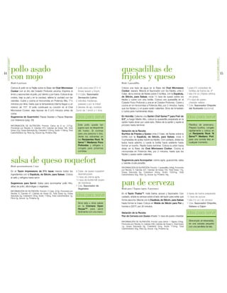 SENSACIONESQUEDANGUSTO




                                                                                                                                                                                                                                                  SENSACIONESQUEDANGUSTO
14
                              pollo asado                                                                                           quesadillas de                                                                                                                         15
                              con mojo                                                                                              frijoles y queso
                              Rinde 6 porciones                                                                                     Rinde 5 quesadillas

                              Coloca el pollo en la Rejilla sobre la Base del Oval Microwave        1 pollo para asar (31/2-4       Coloca una taza de agua en la Base del Oval Microwave                     1 pqte.(10 unidades) de
                              Cooker con el Aro del Colador Profundo encima. Exprime el               libras) lavado y limpio       Cooker; separa. Mezcla el Sazonador con los frijoles; unta 2                tortillas de harina de. 6"
                              limón y sazona bien el pollo, por dentro y por fuera. Coloca el ajo   2-3 Cdas. Sazonador             Cdas. de la mezcla de frijoles sobre 5 tortillas, con la Espátula,        1 lata (16 oz.) frijoles refritos
                              molido, bajo la piel y en la cavidad, rellena la cavidad con las        Sensación Latina              de Silicón, para Salsas; rocía 1/3 taza de queso sobre los                  sin grasa
                              cebollas. Cubre y cocina al microondas en Potencia Alta, 71/2         2 cebollas medianas,
                                                                                                                                    frijoles y cubre con otra tortilla. Coloca una quesadilla en el           12/3 taza de queso
                                                                                                                                    Colador Poco Profundo y una en el Colador Profundo. Cubre y                 cheddar rallado
                              minutos por libra, hasta que la temperatura interna llegue a un         peladas y por la mitad
                                                                                                                                    cocina en el microondas a Potencia Alta, por 2 minutos, hasta             1 Cda. Sazonador Chipotle
                              mínimo de 170°. El pollo continuará su cocción en el Oval             3 dientes de ajo, molidos       que los frijoles y y el queso estén calientes. Sirve de inmediato           del Sudoeste (opcional)
                              Microwave Cooker; deja reposar de 5 a10 minutos antes de              Zumo de 1 limón o 1 lima        o cubre para mantenerlas tibias.
                              cortar.
                              Sugerencia de Guarnición: Papas Asadas o Papas Majadas                idea para servir                En Hornilla: Calienta una Sartén Chef Series™ para Freír de
                                                                                                                                    9.5", a fuego Medio Alto, coloca la quesadilla preparada en la
                                                                                                                                                                                                              idea para servir
                              con Aderezos (pág. 26)
                                                                                                                                    sartén hasta dorar por cada lado. Retira de la sartén y repite el
                              INFORMACIÓN DE NUTRICIÓN: Porción: Cerca de 6 oz. (177g),               Este pollo queda tan          proceso hasta terminar.                                                     Planifica de antemano.
                              Porciones por Receta: 6, Calorías 370, Calorías de Grasa 195, Total     jugoso que se desprende                                                                                   Prepara burritos, congela
                              Graso 22g, Grasa Saturada 6g, Colesterol 122mg, Sodio 1138mg, Total     del hueso. Si cocinas         Variación de la Receta:                                                     rápidamente y coloca en
                              Carbohidratos 2g, Fibra 0g, Azúcar 0g, Proteína 39g                     para una persona o dos,                                                                                   un Recipiente Rock ‘N
                                                                                                                                    Burritos de Frijoles y Queso Unta 2 Cdas. de frijoles sobre la
                                                                                                      divide los sobrantes en       tortilla con la Espátula, de Silicón, para Salsas; rocía 3                  Serve™ Mediano Prof.
                                                                                                      los Recipientes Rock ‘N       Cucharadas de queso sobre los frijoles. Con cuidado, dobla los              para una comida lista en
                                                                                                      Serve™ Medianos Poco          lados hacia adentro o rueda la tortilla hacia adelante hasta                cualquier momento.
                                                                                                      Profundos y refrigera o       formar un burrito. Repite hasta terminar. Coloca la unión hacia
                                                                                                      congela para próximas         abajo en la Base del Oval Microwave Cooker; Cocina al
                                                                                                      comidas.                      microondas en Potencia Alta, por 2 minutos, hasta que los
                                                                                                                                    frijoles y queso estén calientes.


                              salsa de queso roquefort
                              Rinde aproximadamente 1 taza
                                                                                                                                    Sugerencia para Acompañar: crema agria, guacamole, salsa
                                                                                                                                    y cebolla cruda picadita
                                                                                                                                    INFORMACIÓN DE NUTRICIÓN: Porción: 1 quesadilla (194g), Porciones
                                                                                                                                    por Receta: 5, Calorías 437, Calorías de Grasa 150, Total Graso 17g,
                              En el Tazón Impressions de 51/2 tazas mezcla todos los                4 Cdas. de queso roquefort      Grasa Saturada 9g, Colesterol 40mg, Sodio 1020mg, Total
                              ingredientes con la Espátula, de Silicón, para Salsas. Coloca           desmenuzado                   Carbohidratos 50g, Fibra 7g, Azúcar 2g, Proteína 19g
                                                                                                    1/2 taza de crema agria
                              el sello y refrigera hasta servir.

                                                                                                                                    pan de cerveza
                                                                                                    1/4 taza de buttermilk (suero

                              Sugerencia para Servir: Salsa para acompañar pollo frito,               de manteca)
                              alitas de pollo, albóndigas o vegetales.                              1 Cda. Sazonador de
                                                                                                      Vegetales                     Rinde para 1 hogaza (aprox. 8 porciones)
                              INFORMACIÓN DE NUTRICIÓN: Porción: 2 Cdas. (27g), Porciones por
                              Receta: 8, Calorías 47, Calorías de Grasa 32, Total Grasa 4g, Grasa                                   En el Tazón Thatsa™, mide harina, azúcar y Sazonador. Con                 3 tazas de harina preparada
                              Saturada 2g, Colesterol 13mg, Sodio 119mg, Total Carbohidratos 1g,    idea para servir                cuidado, añade la cerveza sobre el lado del tazón para evitar que         1/2 taza de azúcar
                              Fibra 0g, Azúcar 1g, Proteína 2g
                                                                                                                                    forme espuma. Mezcla con la Espátula, de Silicón, para Salsas             1 lata (12 oz.) de cerveza
                                                                                                      Sirve esta u otras salsas     hasta formar la masa. Coloca en Molde de Silicón para Pan y               1 Cda. Sazonador Chipotle,
                                                                                                      en la Cremera Open            hornea a 325°F, por 30 minutos.                                             Italiano o Cajun
                                                                                                      House™ para servir
                                                                                                      fácilmente con una mano.      Variación de la Receta:                                                   idea para servir
                                                                                                                                    Pan de Cerveza con Queso Añade 1/2 taza de queso cheddar

                                                                                                                                    INFORMACIÓN DE NUTRICIÓN: Porción para Servir: 1 Tajada (105g),             Sirve el pan, en rebanadas,
                                                                                                                                    Porciones por Receta: 8, Calorías 238, Calorías de Grasa 5, Total Graso     en una canasta pequeña
                                                                                                                                    1g, Grasa Saturada 0g, Colesterol 0mg, Sodio 710mg, Total                   con una servilleta de tela.
                                                                                                                                    Carbohidratos 50g, Fibra 2g, Azúcar 13g, Proteína 5g
 