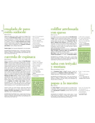 SENSACIONESQUEDANGUSTO




                                                                                                                                                                                                                                               SENSACIONESQUEDANGUSTO
16
                              ensalada de pavo                                                                                          coliflor arrebosada                                                                                                             17
                              estilo sudoeste
                              Rinde 8 porciones
                                                                                                                                        con queso
                                                                                                                                        Rinde 6 porciones
                              Rebana las papas por la mitad y coloca en el Colador Poco                1 pqte. (3/4 lb.) pechuga de
                                                                                                                                        En la Rejilla, que se coloca sobre la Base del Oval Microwave         1 coliflor entera, enjuagada
                              Profundo del Oval Microwave Cooker, cocina al microondas                   pavo ahumada
                                                                                                                                        Cooker con el Aro Grande del Colador, añade 1/4 taza de agua          8 oz. queso pasteurizado en
                              en Potencia Alta por 5 minutos hasta que las papas estén                 1 pqte. (1 lb. 4 oz.) de papas   y coliflor; cubre y cocina en el microondas en Potencia Alta 6-8        cubitos, bajo de grasa
                              suaves al pincharlas con un tenedor, deja enfriar. Corta el pavo           rojas (en rebanadas)           minutos hasta que esté suave. En el Recipiente Rock ‘N                1 lata (4 oz.) de chiles/ajíes
                              en cuadritos y coloca en el Tazón Impressions de 10 tazas;               1/4 taza de cebollita china/
                                                                                                                                        Serve™ Mediano Poco Profundo, coloca el queso, chiles y                 verdes (opcional)
                              añade la cebolla picada, mayonesa, papas y Sazonador. Con                  cebollín picadita
                                                                                                                                        Sazonador. Cocina al microondas en Potencia Media-Alta (70%           1-2 cditas. de Sazonador
                              cuidado, mezcla los ingredientes con la Espátula, de Silicón,            1/2 taza de mayonesa
                                                                                                                                        poder) de 2-3 minutos hasta que el queso esté derretido y               Chipotle del Sudoeste o
                              para Salsas. Cubre y refrigera hasta servir.                             1 cdita. Sazonador Chipotle
                                                                                                                                        burbujeante. Coloca la coliflor en un tazón de servir y vierte el       Cajun
                                                                                                         del Sudoeste
                                                                                                                                        queso encima. Sirve de inmediato.
                              Versión Ligera: Usa mayonesa desgrasada o con poca grasa.
                                                                                                                                        Idea para Sobrantes: Añade los sobrantes a la Mezcla para             idea para servir
                              INFORMACIÓN DE NUTRICIÓN: Porción: 2/3 taza (132g), Porciones por                                         Sopa de Papas y Puerros El Sabor de Tupperware para
                              Receta: 8, Calorías 210, Calorías de Grasa 110, Total Graso 12g, Grasa                                    obtener un fácil Chowder de Papas y Queso
                              Saturada 2g, Colesterol 30mg, Sodio 668mg, Total Carbohidratos 14g,                                                                                                               Crea un colorido centro de
                              Fibra 1g, Azúcar 0g, Proteína 10g                                                                         Más Sabor: Coliflor Sazonada–reemplaza el queso y Sazón
                                                                                                                                                                                                                mesa, organizando una
                                                                                                                                        Chipotle del Sudoeste con 2 cditas. del Sazonador Italiano.
                                                                                                                                                                                                                variedad de vegetales fres-

                              cacerola de espinaca
                              Rinde 8 porciones
                                                                                                                                        INFORMACIÓN DE NUTRICIÓN: Porción: Aprox. 2/3 taza (197g),
                                                                                                                                        Porciones por Receta: 6, Calorías 120, Calorías de Grasa 38, Total
                                                                                                                                        Graso 4g, Grasa Saturada 3g, Colesterol 16mg, Sodio 700mg, Total
                                                                                                                                                                                                                cos en una canasta larga y
                                                                                                                                                                                                                de lados bajos. Los cen-
                                                                                                                                                                                                                tros de mesa no deben
                                                                                                                                        Carbohidratos 12g, Fibra 4g, Azúcar 7g, Proteína 10g
                                                                                                                                                                                                                sobrepasar el nivel de la
                              Mezcla la espinaca y maíz en la Base del Oval Microwave                  1 pqte. (8 oz.) masa
                                                                                                                                                                                                                vista de los comensales.
                              Cooker; cocina en el microondas en Potencia Alta 2-3 minutos.
                              Añade 11/4 taza de queso y el Sazonador; retira para usar luego.
                              Sobre una tabla de cortar, acomoda cuatro láminas de la masa
                                                                                                         hojaldre, descongelada
                                                                                                       1 pqte.(10 oz.) espinaca
                                                                                                         picada congelada
                                                                                                                                        salsa con teriyaki
                              hojaldre (cubre la pasta que no uses para evitar que se seque).
                              Rocía cada lámina con aerosol antiadherente de cocina.
                              Empezando sobre el lado largo del rectángulo, corta tiras con el
                                                                                                       1 pqte. (8 oz.) maíz
                                                                                                         congelado
                                                                                                       13/4 taza de queso italiano,
                                                                                                                                        y mostaza
                                                                                                                                        Rinde aproximadamente 3/4 de taza
                              Cuchillo Chef Series™ de Precisión de aprox. 21/2-3" de                    finamente rallado
                              ancho; rendirá 4-5 tiras por rectángulo. Apila cada tira una sobre       2 cditas. Sazonador              En un Recipiente Fresh ‘n Cool™ pequeño, mezcla los                   4 Cdas. (1/4 taza) mostaza
                              otra; y haz 3 cortes adicionales para obtener 4 pilas cuadradas.           Italiano                       ingredientes con la Espátula, de Silicón, para Salsas. Sella y          Dijon
                                                                                                                                        refrigera hasta servir. Puedes duplicar o triplicar la receta.        1/2 taza de crema agria
                              Separa y acomoda los cuadrados de masa al fondo del Molde                Aerosol antiadherente (sabor
                              Redondo de Silicón, de 9", cubriendo el fondo completo y                   a mantequilla)                                                                                         desgrasada
                                                                                                                                        INFORMACIÓN DE NUTRICIÓN: Porción: 1 Cda. (17g), Porciones por        1-2 Cdas. Sazonador de
                              extendiéndose hacia los lados y hacia arriba del Molde de                                                 Receta: 12, Calorías 12, Calorías de Grasa 0, Total Graso 0g, Grasa
                              Silicón. Unta 1/4 de la mezcla de espinaca y cubre los lados del
                              Molde de Silicón. Estira 1/4 de la espinaca, encima de la masa,
                                                                                                       idea para servir                 Saturada 0g, Colesterol 1mg, Sodio 160mg, Total Carbohidratos 2g,
                                                                                                                                        Fibra 0g, Azúcar 1g, Proteina 1g
                                                                                                                                                                                                                Jengibre Estilo Oriental

                              con la Espátula, de Silicón, para Salsas. Repite el
                              procedimiento, tres veces más, hasta que la mezcla de
                              espinaca se termine. La capa final debe ser de la masa hojaldre,
                              sobre la espinaca, con la 1/2 taza restante de queso encima.
                                                                                                         Phyllo , también llamada
                                                                                                         “filo”, ubicada en la
                                                                                                         sección de productos
                                                                                                                                        papas a lo nuestro
                                                                                                                                        Rinde 4 porciones
                                                                                                         congelados, es una masa
                              Hornea a 375°F, por 18-20 minutos, hasta dorar. Retira del                 de textura ligera y consta     El el Tazón Thatsa™, mezcla las papas con el aceite de oliva          1 pqte. (1lb.) de papas rojas,
                              horno y deja reposar, por un minuto, antes de servir. Usa la               de capas bien finas para       y Sazonador. Acomoda las papas en una lámina de hornear                 en rebanadas de 1/4"
                              Espátula, de Silicón, para Salsas para rebanar en el Molde o               pasteles como baklava y        con la Hoja Wonder™ de Silicón y hornea a 400°F por 20-25             2 Cucharadas de aceite de
                              desmolda y usa un Cuchillo para rebanar.                                   spanakopita. Sigue la          minutos.                                                                oliva extravirgen
                                                                                                         información del fabricante                                                                           1-2 Cucharadas del
                              INFORMACIÓN DE NUTRICIÓN: Porción: 1 tajada (118g), Porciones por          para descongelar.              INFORMACIÓN DE NUTRICIÓN: Porción de Servir: Aprox. 1/2 taza
                              Receta: 8, Calorías 202, Calorías de Grasa 65, Total Graso 7g, Grasa                                                                                                              Sazonador Cajun
                                                                                                                                        (116g), Porciones por Receta: 4, Calorías 165, Calorías de Grasa
                              Saturada 4g, Colesterol 18mg, Sodio 500mg, Total Carbohidratos 27g,                                       65,Total Grasa 7g, Grasa Saturada 1g, Colesterol 0mg, Sodio 250mg,
                              Fibra 2g, Azúcar 2g, Proteína 10g                                                                         Total Carbohidratos 22g, Fibra 2g, Azúcar 2g, Proteína 3g
 