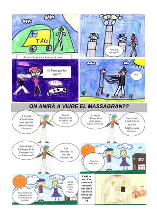 Pare que
                                                                                 ets aquí??

     Amb el taxi va a buscar el pare...



                        Ei Pum que fas
                            aquí??                                                                      Hola
                                                                                                        ,




            ON ANIRÀ A VIURE EL MASSAGRAN??
                                     Però al                    Al Pla de
   A la Vall
                                  Barcelonès hi              l’Estany hi ha                    Però a l’Alt
 d’Aran hi ha                     ha el Port i la             molta aigua i                   Urgell hi ha el
varis rius, les                     capital!!               estic a la vora de                  parc del
pistes d’esquí                                                  la platja...
   i la meva                                                                                  Segre i molta
                                                                                               muntanya...




  Però al Baix
Llobregat hi ha                       A la
 l’aeroport i el                  Garrotxa hi
riu Llobregat!!                     tinc els
                                  volcans i els
                                                               On triem
                                                              amor meu??




                                                        I així va
                                                       ser. Van
                                           A l’Alt     casar-se i
                                          Urgell??     van tenir
                                           Al mig
                                            dels      dos fills. I
Una comarca de                            Pirineus.    van viure
muntanya, però                                        feliços per
no molt lluny de                                        sempre!
   la platja.                                              FI
 