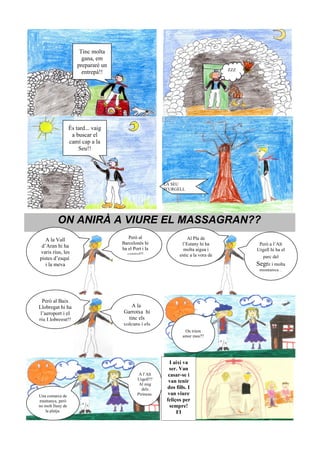 Tinc molta
                         gana, em
                       prepararé un
                                                                                      ZZZ
                         entrepà!!                                                     ..




                   És tard... vaig
                    a buscar el
                   camí cap a la
                       Seu!!




                                                          LA SEU
                                                          D’URGELL




          ON ANIRÀ A VIURE EL MASSAGRAN??
                                         Però al                     Al Pla de
   A la Vall
                                      Barcelonès hi               l’Estany hi ha             Però a l’Alt
 d’Aran hi ha                         ha el Port i la              molta aigua i            Urgell hi ha el
varis rius, les                         capital!!                estic a la vora de           parc del
pistes d’esquí                                                       la platja...
   i la meva                                                                                Segre i molta
                                                                                             muntanya...




  Però al Baix
Llobregat hi ha                           A la
 l’aeroport i el                      Garrotxa hi
riu Llobregat!!                         tinc els
                                      volcans i els
                                                                    On triem
                                                                   amor meu??




                                                             I així va
                                                            ser. Van
                                               A l’Alt      casar-se i
                                              Urgell??      van tenir
                                               Al mig
                                                dels       dos fills. I
Una comarca de                                Pirineus.     van viure
muntanya, però                                             feliços per
no molt lluny de                                             sempre!
   la platja.                                                   FI
 