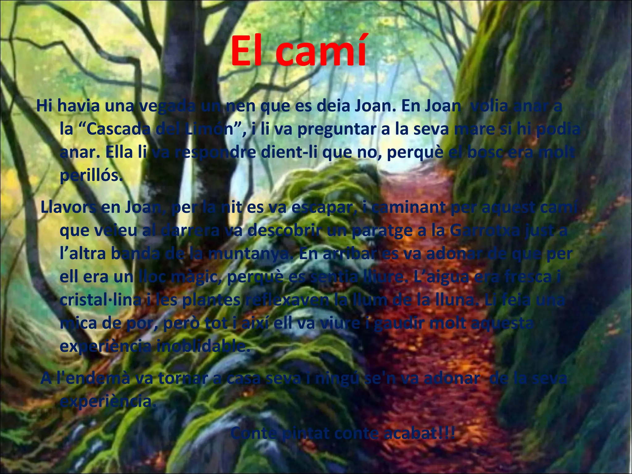 Hi havia una vegada un nen que es deia Joan. En Joan volia anar a
la “Cascada del Limón”, i li va preguntar a la seva mare si hi podia
anar. Ella li va respondre dient-li que no, perquè el bosc era molt
perillós.
Llavors en Joan, per la nit es va escapar, i caminant per aquest camí
que veieu al darrera va descobrir un paratge a la Garrotxa just a
l’altra banda de la muntanya. En arribar es va adonar de que per
ell era un lloc màgic, perquè es sentia lliure. L’aigua era fresca i
cristal·lina i les plantes reflexaven la llum de la lluna. Li feia una
mica de por, però tot i així ell va viure i gaudir molt aquesta
experiència inoblidable.
A l'endemà va tornar a casa seva i ningú se'n va adonar de la seva
experiència.
Conte pintat conte acabat!!!
El camí
 