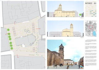 En realidad estamos maridando un espacio único
segregado en dos –la plaza de España y el de los Reyes-
que está interrumpido por la existencia de la iglesia de la
Asunción en medio de ambos.
Con lo que se intenta potenciar ésta, el ayuntamiento y
el espacio circundante contenido por las fachadas que se
alzan en su rededor.
Con lo que el tapiz de pavimento propuesto sobre todo
el espacio urbano es el que dará unicidad a la plaza,
aderezado por unos pocos elementos minimalistas
contemporáneos y etéreos que potencien las
preexistencias.
Aprovechamos las infraestructuras existentes añadiendo
canaletas/imbornales que fácilmente se conecten con la
red de saneamiento existente.
Se parte de la eliminación del tránsito de vehículos salvo
los accesos a los 2 aparcamientos privados en dicho
espacio, a los que se llegará a un máximo de 20 km /h.
Los aparcamientos actuales desaparecen totalmente
dando lugar a un espacio peatonal principalmente, para
pasar a ser ubicados en las múltiples vías existentes al
alrededor del Centro Histórico de la Villa.
Con lo que la jerarquización de espacios es evidente:
centrípeto para la vida ciudadana y prevalencia de
lo público sobre lo privado, evitando la colisión de
intereses. Y centrífugo para vehículos motorizados.
La solución es también económica pues el empedrado
actual, seriamente parcheado y degenerado, sirve de
base para colocar la nueva pavimentación de piedra con
fragmentos de iluminación estanca inserta con tapa de
vidrio mateado.
SECCIÓN A-A’
A’
B’
B’
A
SECCIÓN B-B’
NITIDEZ · 01
 