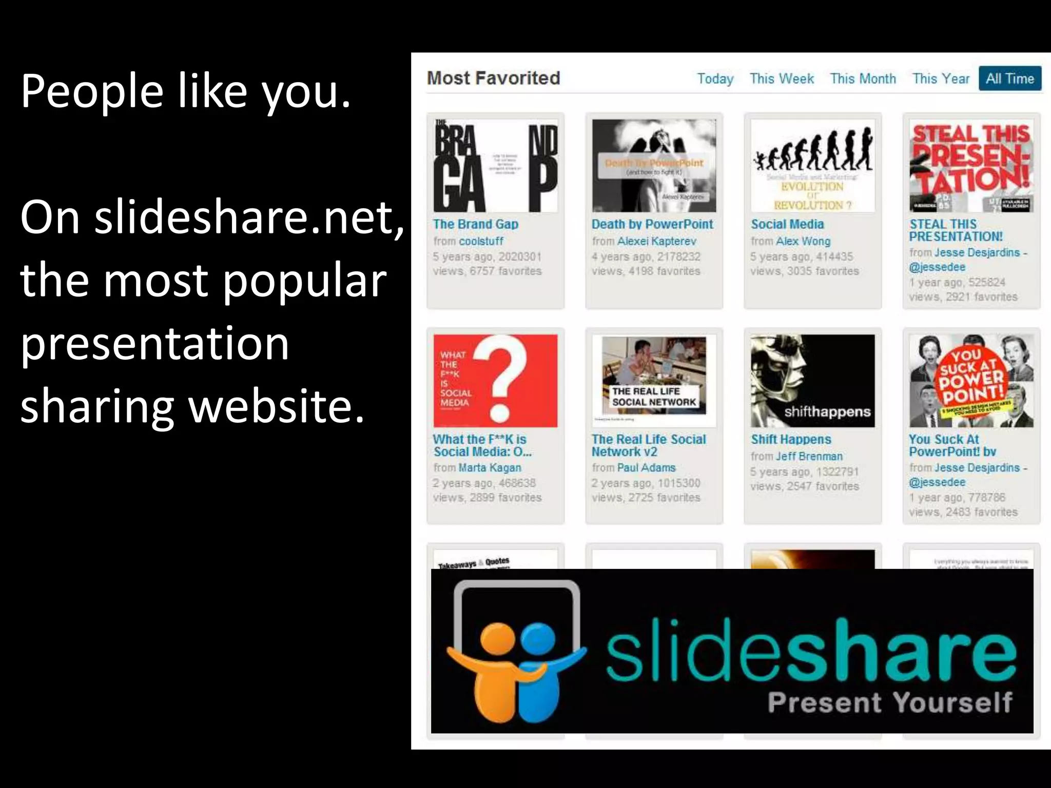 People like you.

On slideshare.net,
the most popular
presentation
sharing website.
 
