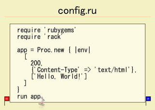 config.ru
     require 'rubygems'
     require 'rack'
     app = Proc.new { |env|
       [
         200,
         {'Content-Type' => 'text/html'},
         ['Hello, World!']
       ]
     }
09   run app                                34
 