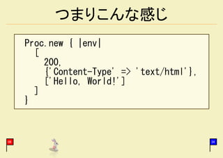 つまりこんな感じ
     Proc.new { |env|
       [
         200,
         {'Content-Type' => 'text/html'},
         ['Hello, World!']
       ]
     }



08                                          34
 