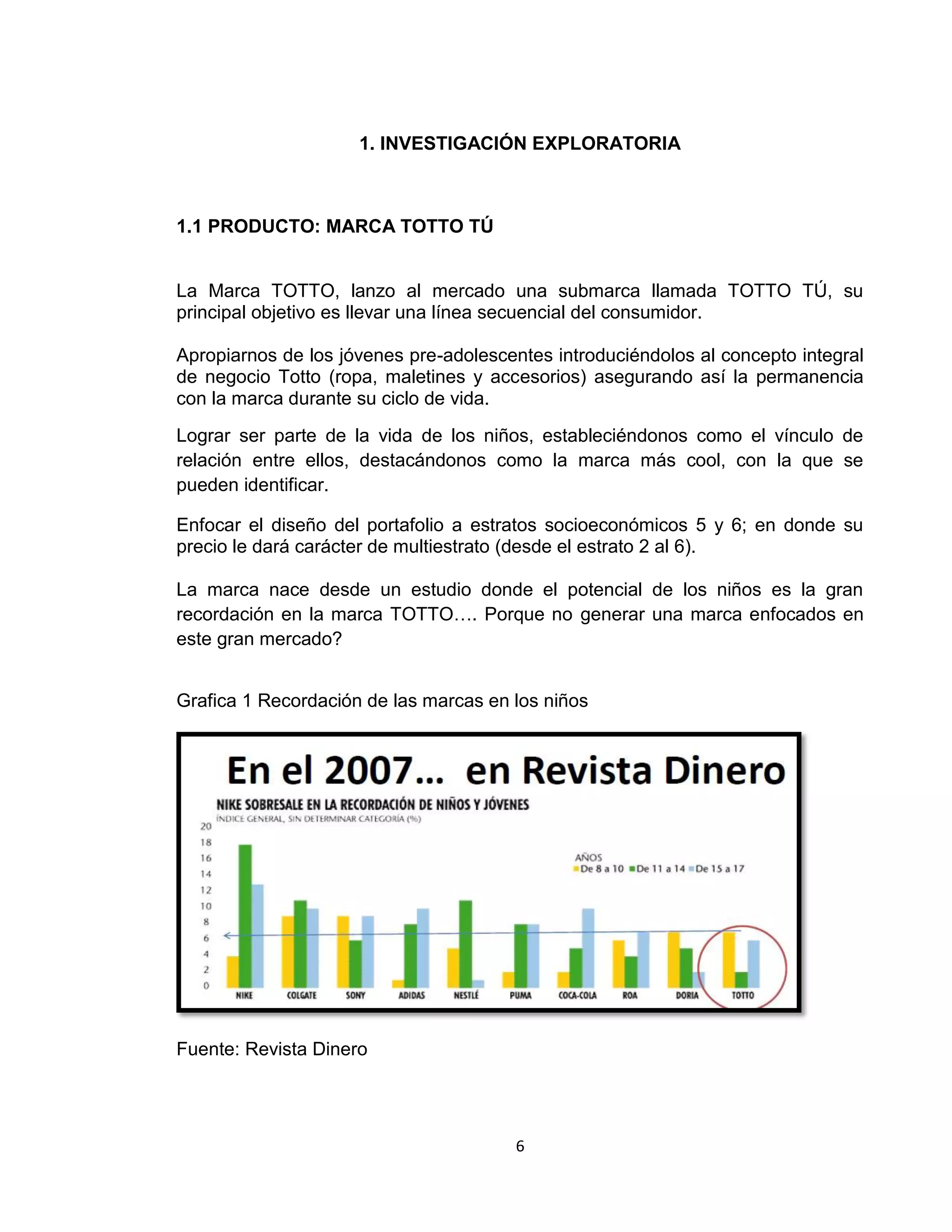 1. INVESTIGACIÓN EXPLORATORIA

1.1 PRODUCTO: MARCA TOTTO TÚ

La Marca TOTTO, lanzo al mercado una submarca llamada TOTTO TÚ, su
principal objetivo es llevar una línea secuencial del consumidor.
Apropiarnos de los jóvenes pre-adolescentes introduciéndolos al concepto integral
de negocio Totto (ropa, maletines y accesorios) asegurando así la permanencia
con la marca durante su ciclo de vida.
Lograr ser parte de la vida de los niños, estableciéndonos como el vínculo de
relación entre ellos, destacándonos como la marca más cool, con la que se
pueden identificar.
Enfocar el diseño del portafolio a estratos socioeconómicos 5 y 6; en donde su
precio le dará carácter de multiestrato (desde el estrato 2 al 6).
La marca nace desde un estudio donde el potencial de los niños es la gran
recordación en la marca TOTTO…. Porque no generar una marca enfocados en
este gran mercado?
Grafica 1 Recordación de las marcas en los niños

Fuente: Revista Dinero

6

 