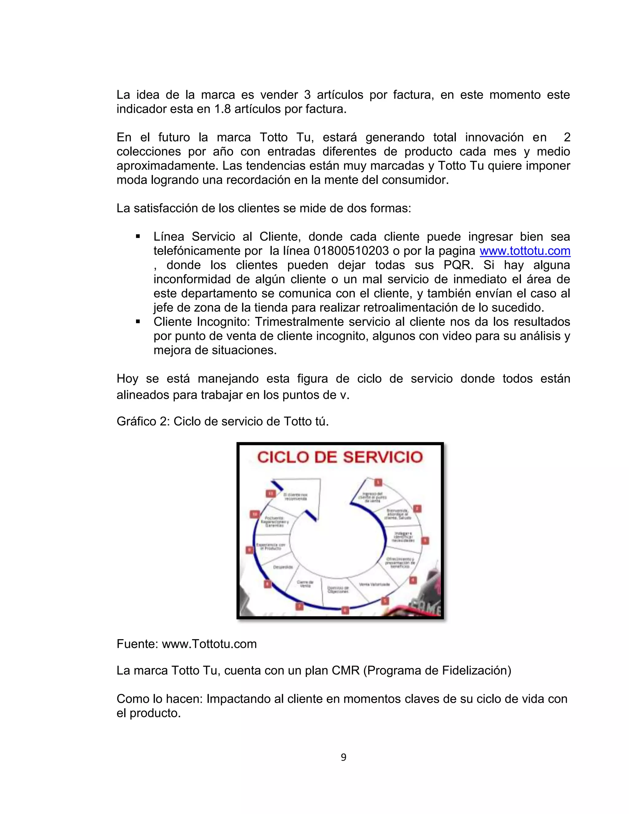 La idea de la marca es vender 3 artículos por factura, en este momento este
indicador esta en 1.8 artículos por factura.
En el futuro la marca Totto Tu, estará generando total innovación en 2
colecciones por año con entradas diferentes de producto cada mes y medio
aproximadamente. Las tendencias están muy marcadas y Totto Tu quiere imponer
moda logrando una recordación en la mente del consumidor.
La satisfacción de los clientes se mide de dos formas:




Línea Servicio al Cliente, donde cada cliente puede ingresar bien sea
telefónicamente por la línea 01800510203 o por la pagina www.tottotu.com
, donde los clientes pueden dejar todas sus PQR. Si hay alguna
inconformidad de algún cliente o un mal servicio de inmediato el área de
este departamento se comunica con el cliente, y también envían el caso al
jefe de zona de la tienda para realizar retroalimentación de lo sucedido.
Cliente Incognito: Trimestralmente servicio al cliente nos da los resultados
por punto de venta de cliente incognito, algunos con video para su análisis y
mejora de situaciones.

Hoy se está manejando esta figura de ciclo de servicio donde todos están
alineados para trabajar en los puntos de v.
Gráfico 2: Ciclo de servicio de Totto tú.

Fuente: www.Tottotu.com
La marca Totto Tu, cuenta con un plan CMR (Programa de Fidelización)
Como lo hacen: Impactando al cliente en momentos claves de su ciclo de vida con
el producto.

9

 