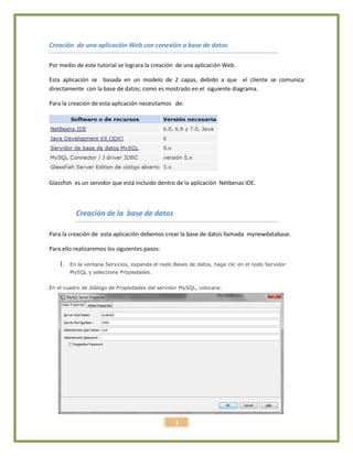 1
Creación de una aplicación Web con conexión a base de datos
Por medio de este tutorial se lograra la creación de una aplicación Web.
Esta aplicación se basada en un modelo de 2 capas, debido a que el cliente se comunica
directamente con la base de datos; como es mostrado en el siguiente diagrama.
Para la creación de esta aplicación necesitamos de:
Glassfish es un servidor que está incluido dentro de la aplicación Netbenas IDE.
Creación de la base de datos
Para la creación de esta aplicación debemos crear la base de datos llamada mynewdatabase.
Para ello realizaremos los siguientes pasos:
1. En la ventana Servicios, expanda el nodo Bases de datos, haga clic en el nodo Servidor
MySQL y seleccione Propiedades.
En el cuadro de diálogo de Propiedades del servidor MySQL, colocara:
 