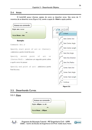 36
                                  Capítulo 3 – Desenhando Objetos


3.4. Arcos

        O AutoCAD possui diversas opções de como se desenhar arcos. São cerca de 11
maneiras de se desenhar arcos (Figura 3.6), sendo a opção 3 – Point a opção padrão.



     Acesso ao comando

  Digite: arc↵ ou a↵

                        ou

   Painel Draw→ Arc


         Exemplo:

Command: Arc ↵

Specify start point of arc or [Center]:
; selecione o ponto inicial do arco.

Specify          second       point      of      arc        or
[Center/End]: ; selecione um segundo ponto sobre
o qual o arco irá passar.

Specify end point of arc: ; selecione o ponto
final do arco.




                                                                            Figura 3.6


3.5. Desenhando Curvas

3.5.1. Elipse

                                    Acesso ao comando

                                 Digite: ellipse↵ ou el↵

                                                       ou

                                 Painel Draw → Ellipse




                   Programa de Educação Tutorial - PET Engenharia Civil – UFPR
                 CESEC – Centro de Estudos de Engenharia Civil Prof. Inaldo Ayres Vieira
 
