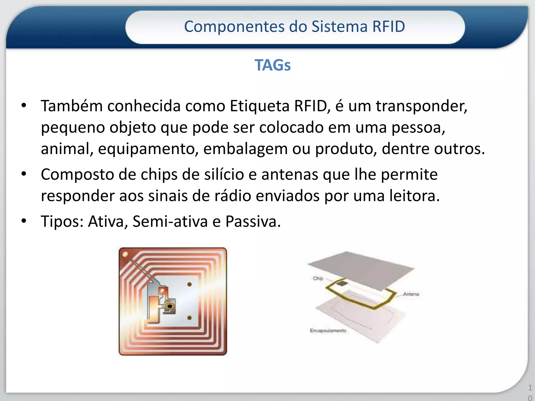 Também conhecida como Etiqueta RFID, é um transponder, pequeno objeto que pode ser colocado em uma pessoa, animal, equipamento, embalagem ou produto, dentre outros. Composto de chips de silício e antenas que lhe permite responder aos sinais de rádio enviados por uma leitora.Tipos: Ativa, Semi-ativa e Passiva.Componentes do Sistema RFID10TAGs
