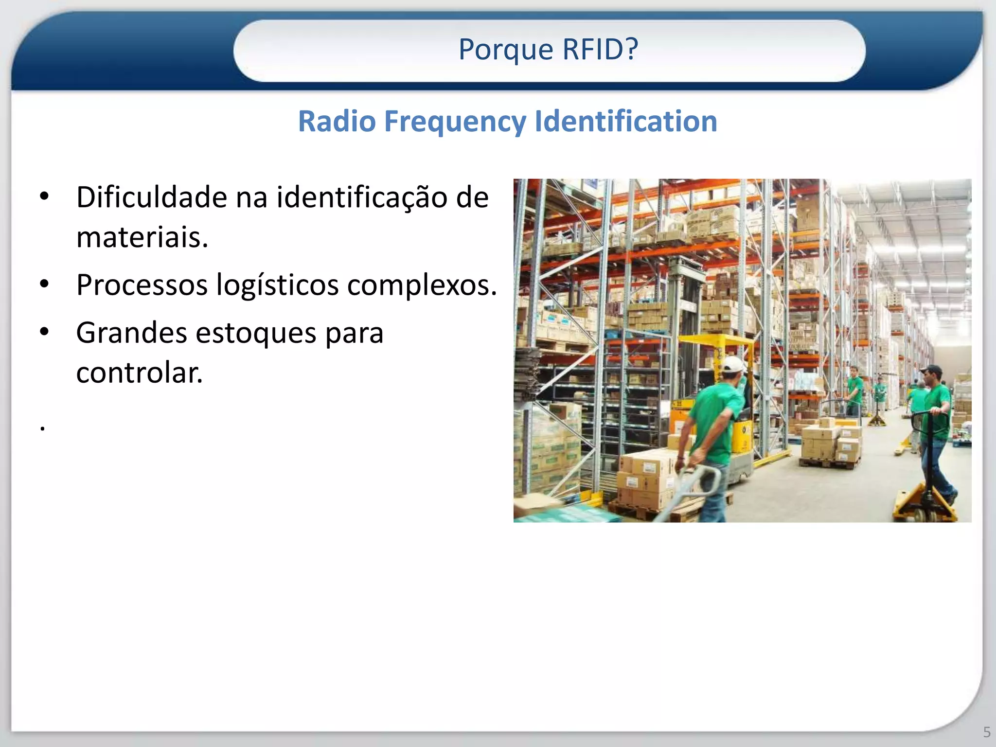 Dificuldade na identificação de materiais.Processos logísticos complexos.Grandes estoques para controlar..Porque RFID?5Radio Frequency Identification 