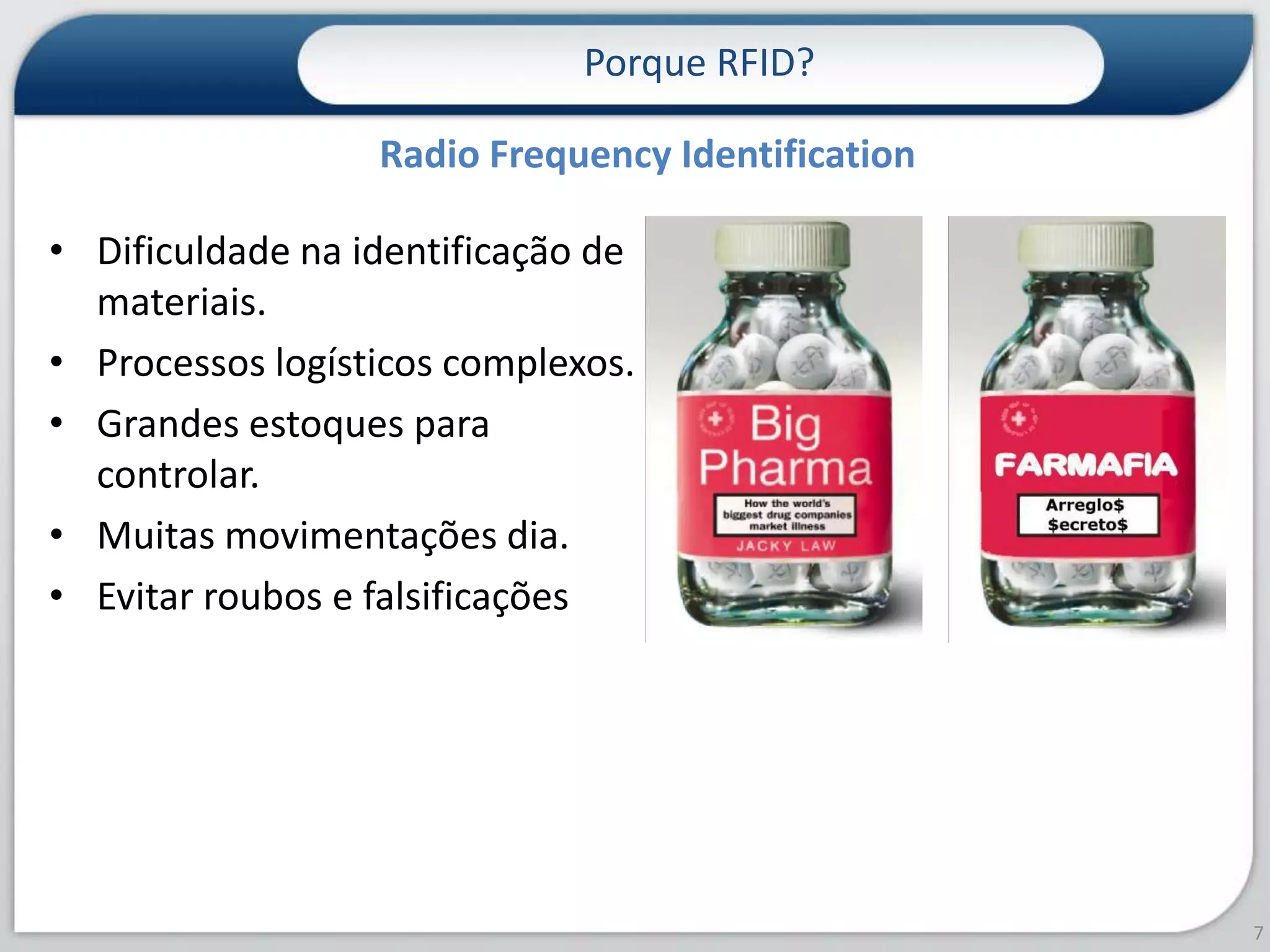 Dificuldade na identificação de materiais.Processos logísticos complexos.Grandes estoques para controlar.Muitas movimentações dia.Evitar roubos e falsificaçõesPorque RFID?7Radio Frequency Identification 