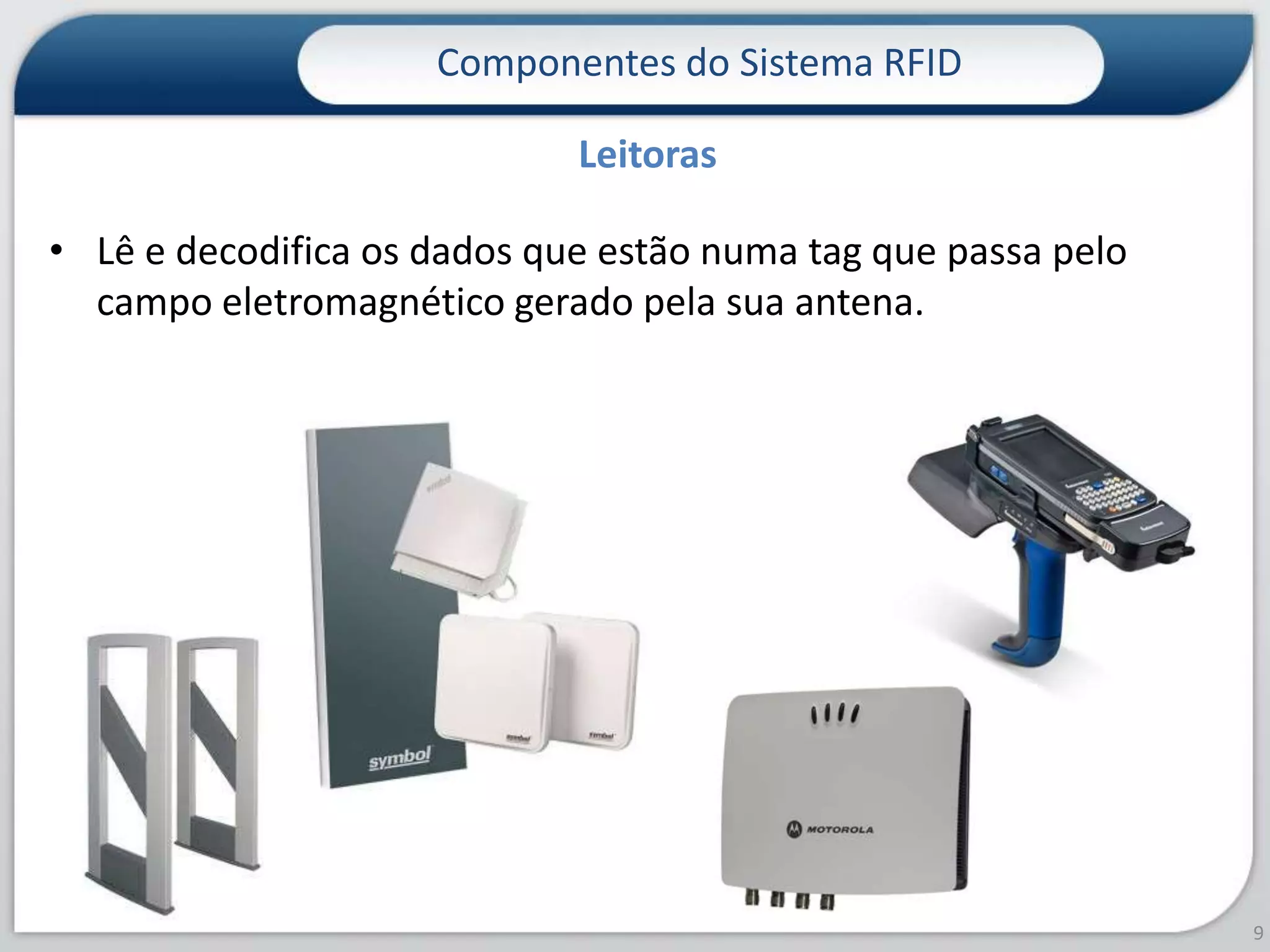 Lê e decodifica os dados que estão numa tag que passa pelo campo eletromagnético gerado pela sua antena.Componentes do Sistema RFID9Leitoras