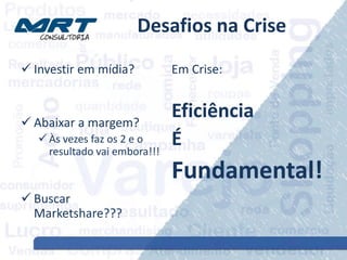 Desafios na Crise
 Investir em mídia?
 Abaixar a margem?
 Às vezes faz os 2 e o
resultado vai embora!!!
 Buscar
Marketshare???
Em Crise:
Eficiência
É
Fundamental!
 