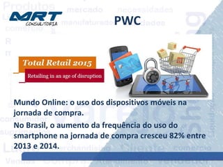 PWC
Mundo Online: o uso dos dispositivos móveis na
jornada de compra.
No Brasil, o aumento da frequência do uso do
smartphone na jornada de compra cresceu 82% entre
2013 e 2014.
 