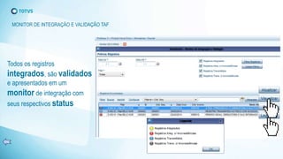 Todos os registros
integrados, são validados
e apresentados em um
monitor de integração com
seus respectivos status
MONITOR DE INTEGRAÇÃO E VALIDAÇÃO TAF
 