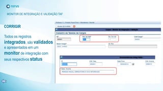 Todos os registros
integrados, são validados
e apresentados em um
monitor de integração com
seus respectivos status
CORRIGIR
MONITOR DE INTEGRAÇÃO E VALIDAÇÃO TAF
 
