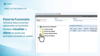 Painel do Funcionário.
Centraliza todos os eventos
relacionados ao funcionário.
Pemitindo visualizar, e
alterar de acordo com
permissão concedida ao usuário.
PAINEL DO FUNCIONÁRIO TAF
 