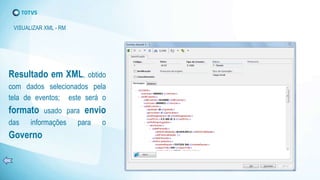 Resultado em XML, obtido
com dados selecionados pela
tela de eventos; este será o
formato usado para envio
das informações para o
Governo
VISUALIZAR XML - RM
 