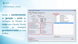 Permite o monitoramento
de geração e envio de
mensagens do Processo de
carga para o Governo. Permite
consultar as mensagens
geradas/enviadas por meio
de filtros.
MONITOR ESOCIAL - DATASUL
 