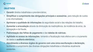 OBJETIVOS
8
• Garantir direitos trabalhistas e previdenciários;
• Simplificar o cumprimento das obrigações principais e acessórias, para redução de custos
e da informalidade;
• Aprimorar a qualidade de informações da seguridade social e das relações de trabalho;
• Aumentar a arrecadação através da diminuição da inadimplência, da incidência de erros, da
sonegação e da fraude;
• Padronização das folhas de pagamento e das tabelas de rubricas;
• Agilidade no acesso às informações, tornando a fiscalização mais efetiva com o cruzamento
de dados e auditoria eletrônica;
• Atendimento a diversos órgãos do governo com uma única escrituração e declaração,
facilitando o cumprimento das diversas obrigações trabalhistas e tributárias atualmente
existentes.
 