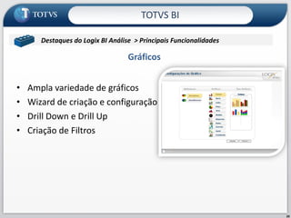 Gráficos Ampla variedade de gráficos Wizard de criação e configuração Drill Down e Drill Up Criação de Filtros  TOTVS BI Destaques do Logix BI Análise  > Principais Funcionalidades  