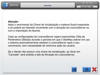 5
                                Start Key
                                                                    Como fica o RM




Atenção:
Após o vencimento da Chave de Inicialização o sistema ficará inoperante
e só poderá ser liberado novamente com a ativação do LicenceServer ou
com a importação do Aponta.

Caso as configurações do LicenceServer sejam preenchidas (Tela de
Parâmetros Globais) durante o período em que o StartKey estiver em uso
o sistema automaticamente adotará o LicenceServer após o seu
vencimento, sem necessidade de nenhuma ação do usuário.

Se o cliente não possuir uma chave de inicialização, ao clicar em
“Cancelar” será exibida a tela de Ativação do LicenceServer.
 