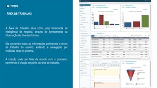 A Área de Trabalho atua como uma ferramenta de
inteligência de negócio, através do fornecimento da
informação de diversas formas.
Ela concentra todas as informações pertinentes à rotina
de trabalho do usuário, evitando a navegação por
múltiplas telas no sistema.
A criação pode ser feita de acordo com o processo,
permitindo a criação de perfis de área de trabalho.
ÁREA DE TRABALHO
 