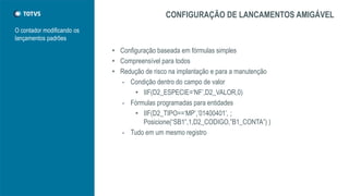 O contador modificando os
lançamentos padrões
CONFIGURAÇÃO DE LANCAMENTOS AMIGÁVEL
• Configuração baseada em fórmulas simples
• Compreensível para todos
• Redução de risco na implantação e para a manutenção
• Condição dentro do campo de valor
• IIF(D2_ESPECIE=‘NF’,D2_VALOR,0)
• Fórmulas programadas para entidades
• IIF(D2_TIPO==‘MP’,’01400401’, ;
Posicione(“SB1”,1,D2_CODIGO,”B1_CONTA”) )
• Tudo em um mesmo registro
 