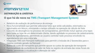 DISTRIBUIÇÃO & LOGÍSTICA
#TOTVSV12TEM
O que há de novo no TMS (Transport Management System)
• Relatório de avaliação de performance de entrega
• Nova funcionalidade que permite selecionar lotes que serão calculados, estornados ou
aglutinados em blocos, otimizando o tempo utilizado na operação de cálculo de frete
• Conceito de abrangência no processo de consignatários, permitindo incluir apenas uma regra
para todas as lojas de um determinado cliente, dando agilidade no processo de cadastramento
• Painel de Agendamento, permitindo ao usuário controlar todo processo envolvido no
agendamento em uma única tela
• Integração TMS com Pamcard melhorada para permitir a inclusão de 2 favorecidos para o
mesmo contrato gerado na Pamcard
• Rotina de custo de transporte que permite apurar os custos da operação de transporte
• Funcionalidade de conferência de valor de frete no registro de entrada das notas fiscais do
cliente, permitindo a visualização e alteração do valor
 