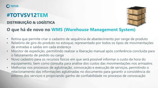 DISTRIBUIÇÃO & LOGÍSTICA
#TOTVSV12TEM
O que há de novo no WMS (Warehouse Management System)
• Rotina que permite criar o cadastro de sequência de abastecimento por range de produto
• Relatório de giro do produto no estoque, representado por todos os tipos de movimentações
de entradas e saídas em cada endereço
• Monitor de expedição, permitindo realizar a liberação manual após conferência concluída para
o faturamento de pedido ou carga
• Novo cadastro para os recursos físicos em que será possível informar o custo da hora do
equipamento, bem como consulta para análise dos custos das movimentações nos armazéns
• Melhorias nos processos de aglutinação, convocação e execução de serviços, permitindo o
relacionamento das informações aglutinadas no documento para garantir a consistência do
estorno dos serviços e propiciando ganho de confiabilidade no processo de convocação
 