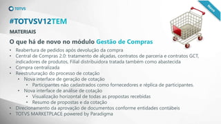 MATERIAIS
#TOTVSV12TEM
O que há de novo no módulo Gestão de Compras
• Reabertura de pedidos após devolução da compra
• Central de Compras 2.0: tratamento de alçadas, contratos de parceria e contratos GCT,
indicadores de produtos, Filial distribuidora tratada também como abastecida
• Compra centralizada
• Reestruturação do processo de cotação
• Nova interface de geração de cotação
• Participantes não cadastrados como fornecedores e réplica de participantes.
• Nova interface de análise de cotação
• Visualização horizontal de todas as propostas recebidas
• Resumo de propostas e da cotação
• Direcionamento da aprovação de documentos conforme entidades contábeis
• TOTVS MARKETPLACE powered by Paradigma
 