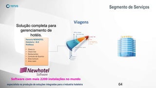 Segmento de Serviços
64
Viagens
Parceria NEWHOTEL
Hotelaria + B.O
Protheus
• Check In
• Check Out
• Restaurantes
• Controle de Quartos
• Área Comum
• Area Lazer
Solução completa para
gerenciamento de
hotéis.
Software com mais 2200 instalações no mundo
especialista na produção de soluções integradas para a industria hoteleira
 