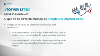 RECURSOS HUMANOS
#TOTVSV12TEM
O que há de novo no módulo de Arquitetura Organizacional
• Criação do relatório de controle orçamentário para
demonstrar:
• comparativo entre os totais de salários definidos para os
postos com as quantidades de vagas abertas e ocupadas
• comparativo entre os totais de salários que efetivamente
estão sendo pagos aos funcionários que ocupam tais
postos
 