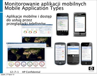 Monitorowanie aplikacji mobilnych
    Mobile Application Types
   Aplikacje  mobilne i dostęp
      do usług przez
      przeglądarki telefonów




              12-7-1   HP Conﬁdential
              1
piątek, 27 lipca 12
 